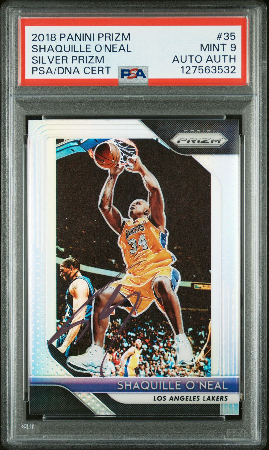 Shaquille O'Neal 2018 Panini Prizm Signed Basketball Card #35 Silver Prizm Graded PSA 9 Auto Auth Cert #127563532