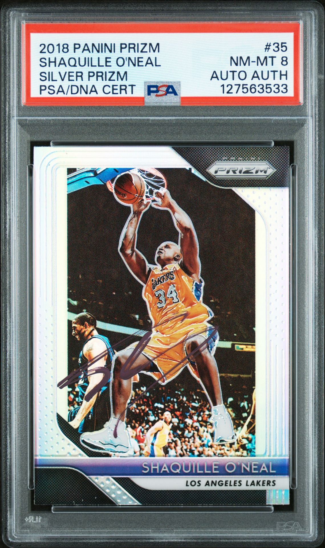 Shaquille O'Neal 2018 Panini Prizm Signed Basketball Card #35 Silver Prizm Graded PSA 8 Auto Auth Cert #127563533