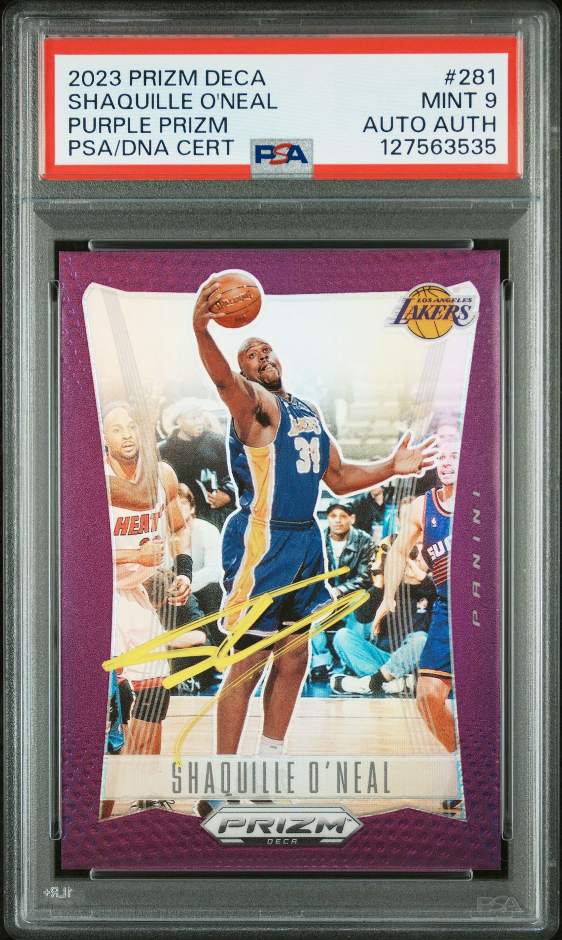 Shaquille O'Neal 2023 Prizm Deca Signed Basketball Card #281 Purple Prizm Graded PSA 9 Auto Auth /99 Cert #127563535