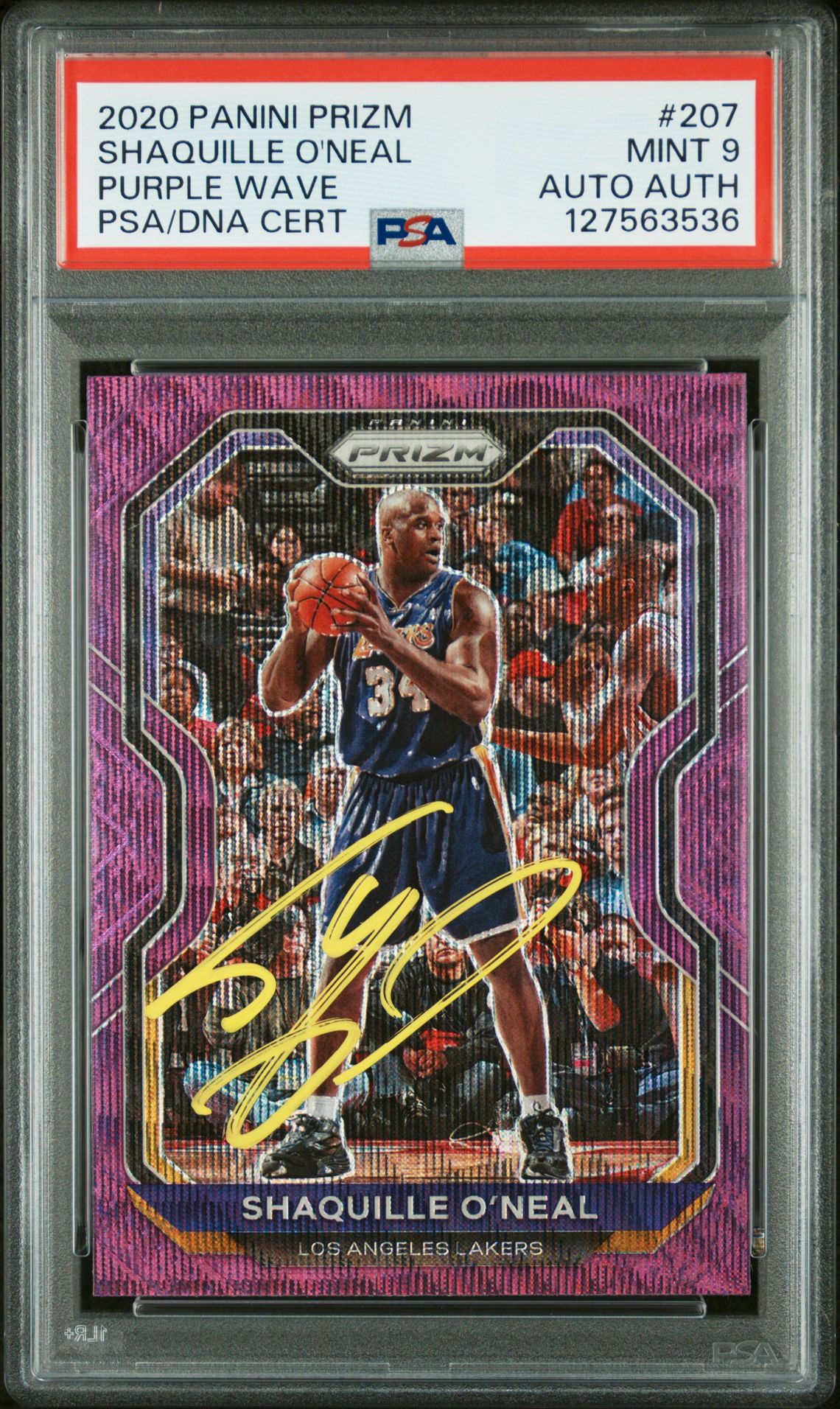 Shaquille O'Neal 2020 Panini Prizm Signed Basketball Card #207 Purple Wave Graded PSA 9 Auto Auth Cert #127563536
