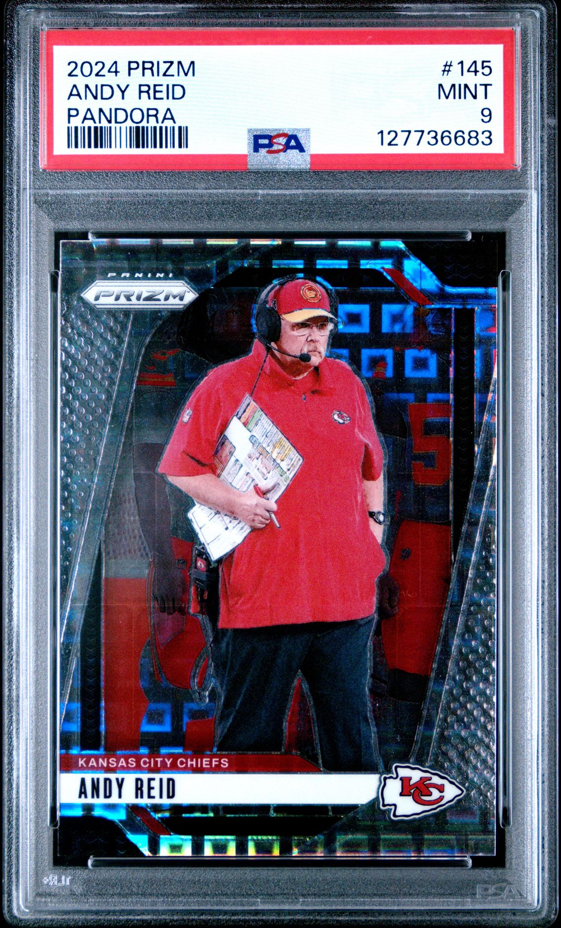 Andy Reid 2024 Prizm Pandora Football Card #145 Graded PSA 9 /400 Cert #1277736683
