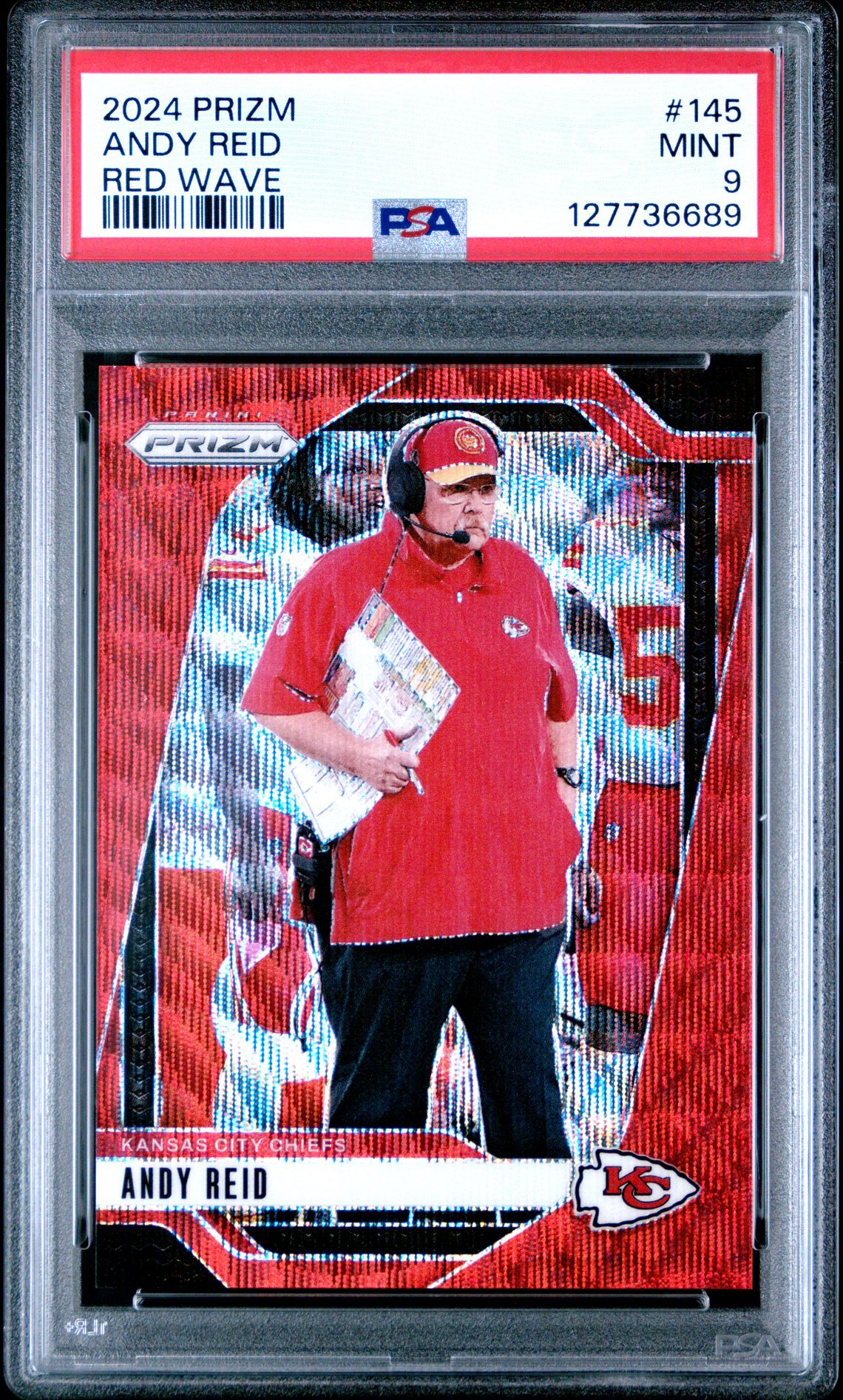 Andy Reid 2024 Prizm Red Wave Football Card #145 Graded PSA 9 Cert #1277736689