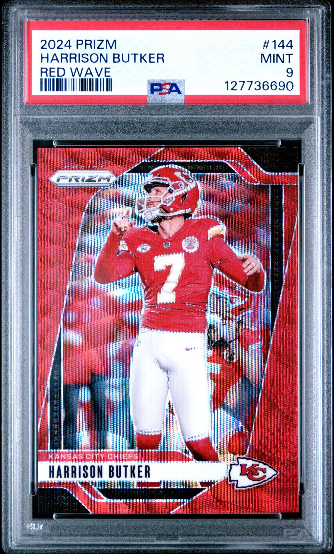 Harrison Butker 2024 Prizm Red Wave Football Card #144 Graded PSA 9 Cert #1277736690