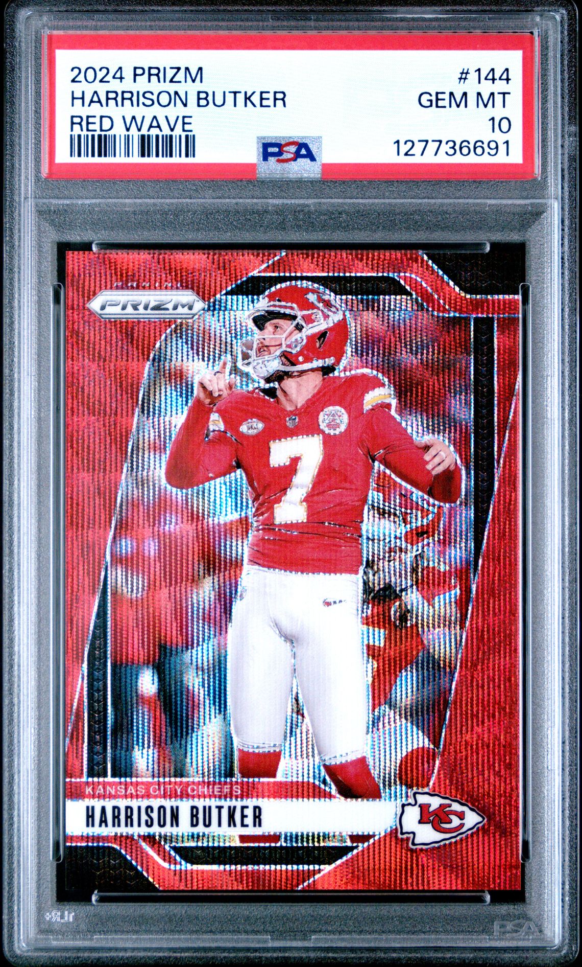Harrison Butker 2024 Prizm Red Wave Football Card #144 Graded PSA 10 Cert #1277736691