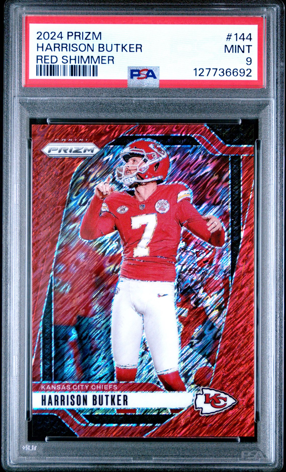 Harrison Butker 2024 Prizm Red Shimmer Football Card #144 Graded PSA 9 /35 Cert #1277736692
