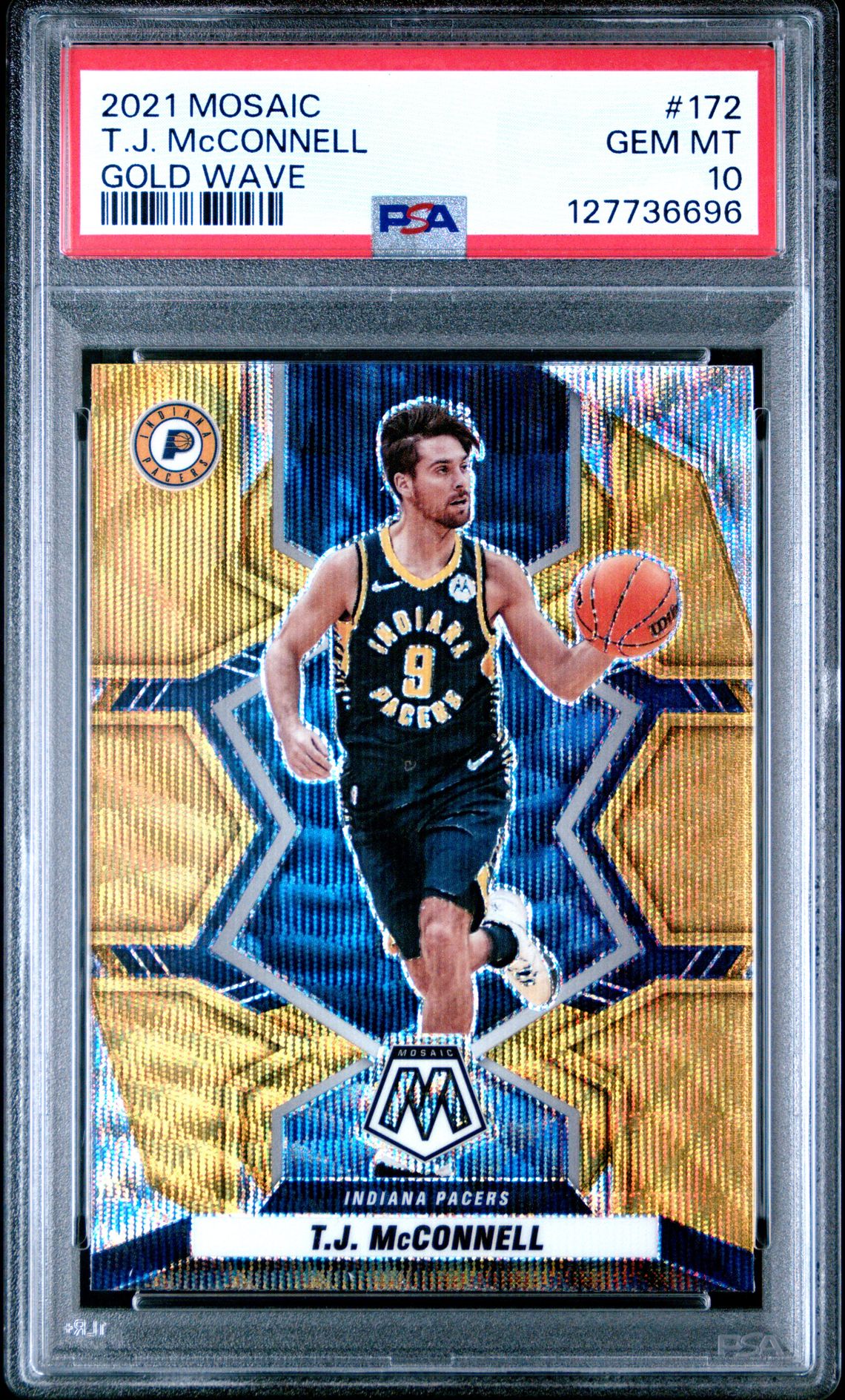 T.J. McConnell 2021 Mosaic Gold Wave Basketball Card #172 Graded PSA 10 Cert # 127736696