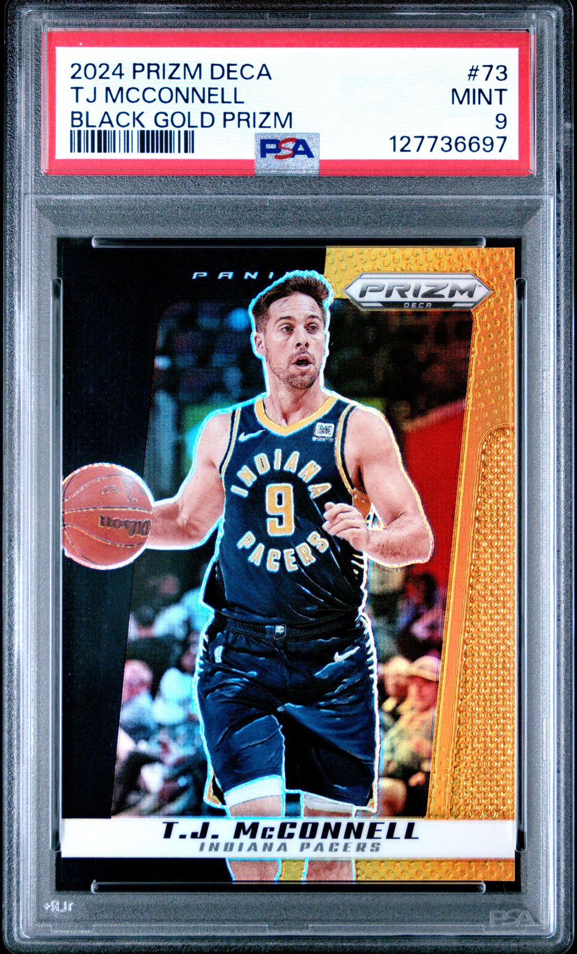 T.J. McConnell 2024 Prizm Deca Black Gold Basketball Card #73 Graded PSA 9 3/5 Cert # 127736697