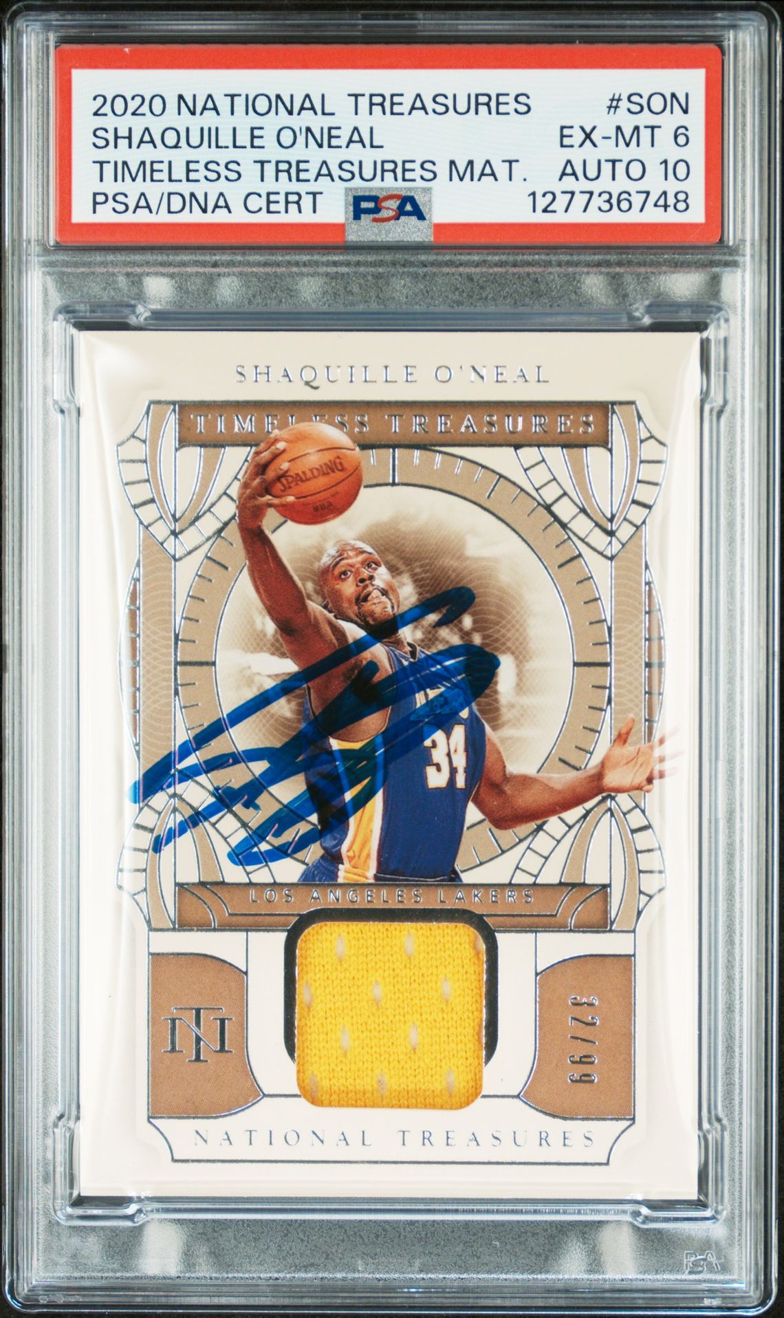 Shaquille O'Neal 2020 National Treasures Timeless Treasures Materials Game Used Signed Basketball Card #SON Graded PSA 6 Auto 10 Cert #127736748