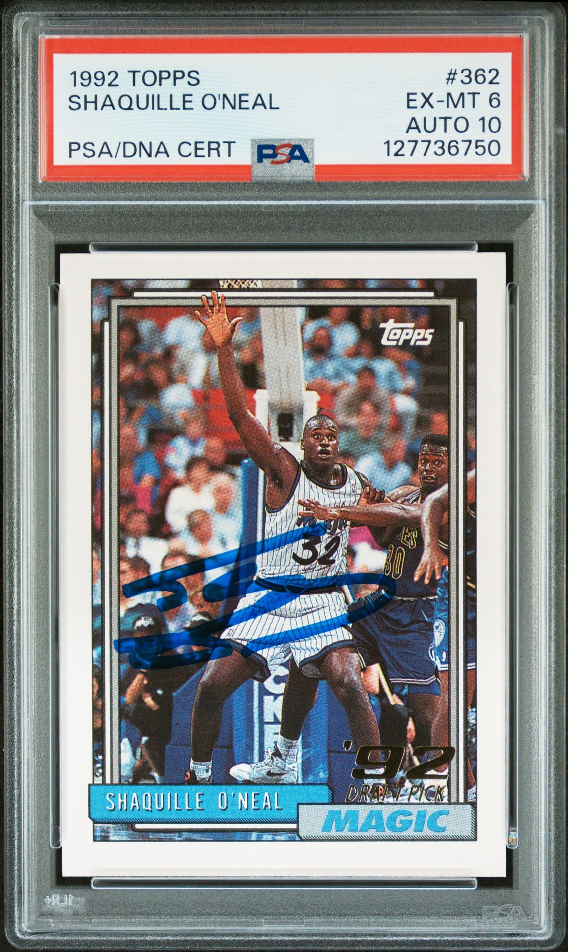 Shaquille O'Neal 1992 Topps Signed Basketball Rookie Card #362 Graded PSA 6 Auto 10 Cert #127736750