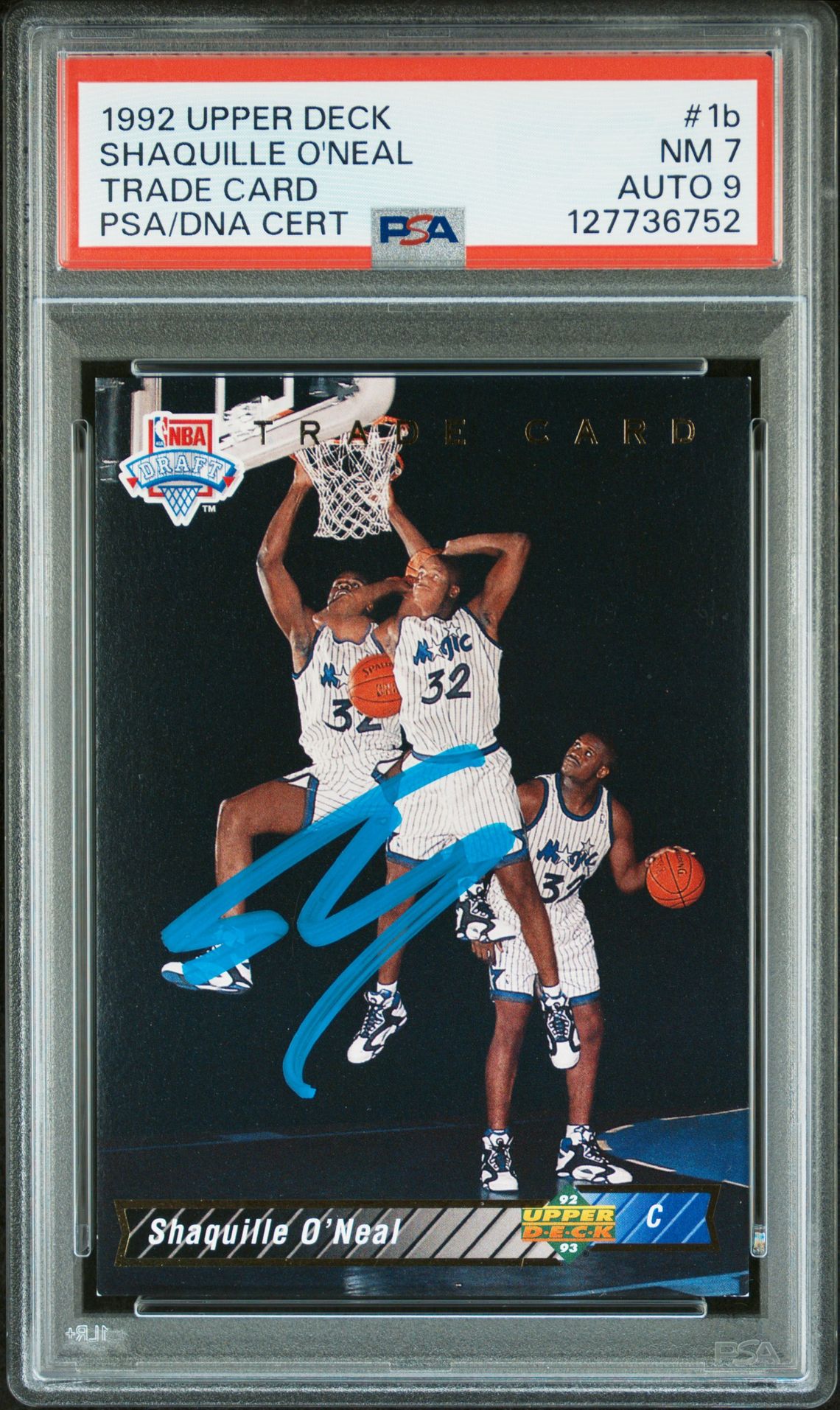 Shaquille O'Neal 1992 Upper Deck Trade Card Signed Basketball Rookie Card #1b Graded PSA 7 Auto 9 Cert #127736752