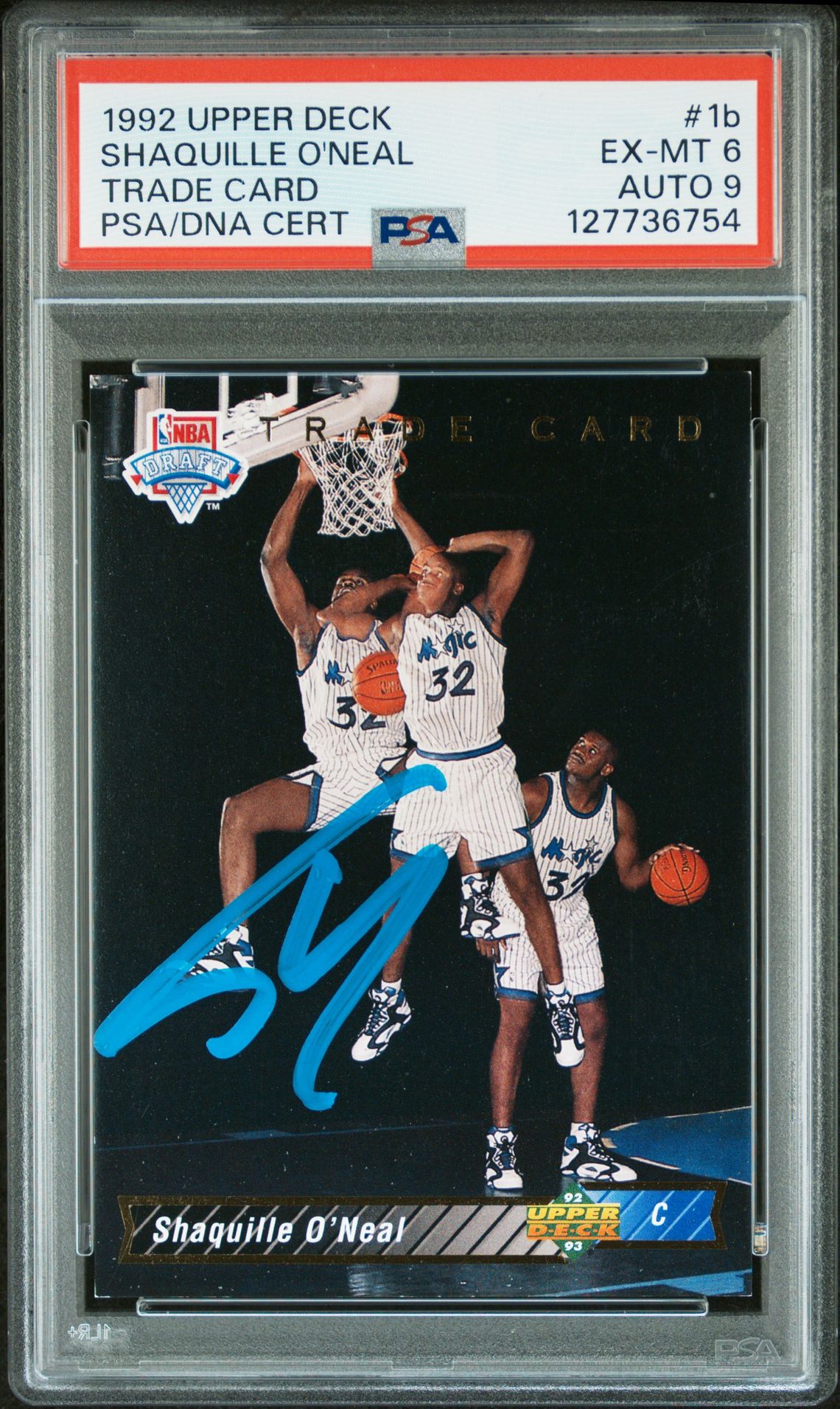 Shaquille O'Neal 1992 Upper Deck Trade Card Signed Basketball Rookie Card #1b Graded PSA 6 Auto 9 Cert #127736754