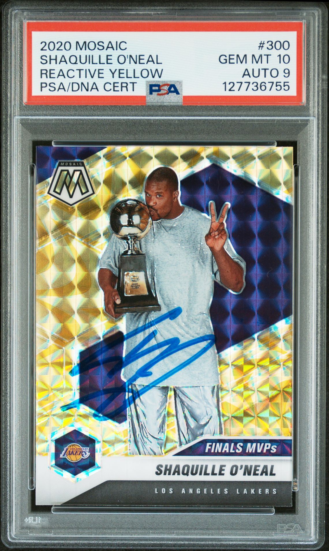Shaquille O'Neal 2020 Panini Mosaic Reactive Yellow Finals MVPs Signed Basketball Card #300 Graded PSA 10 Auto 9 Cert #127736755 Shaquille O'Neal 2020 Panini Mosaic Reactive Yellow Finals MVPs Signed Basketball Card #300 Graded PSA 10 Auto 9 Cert #127736755