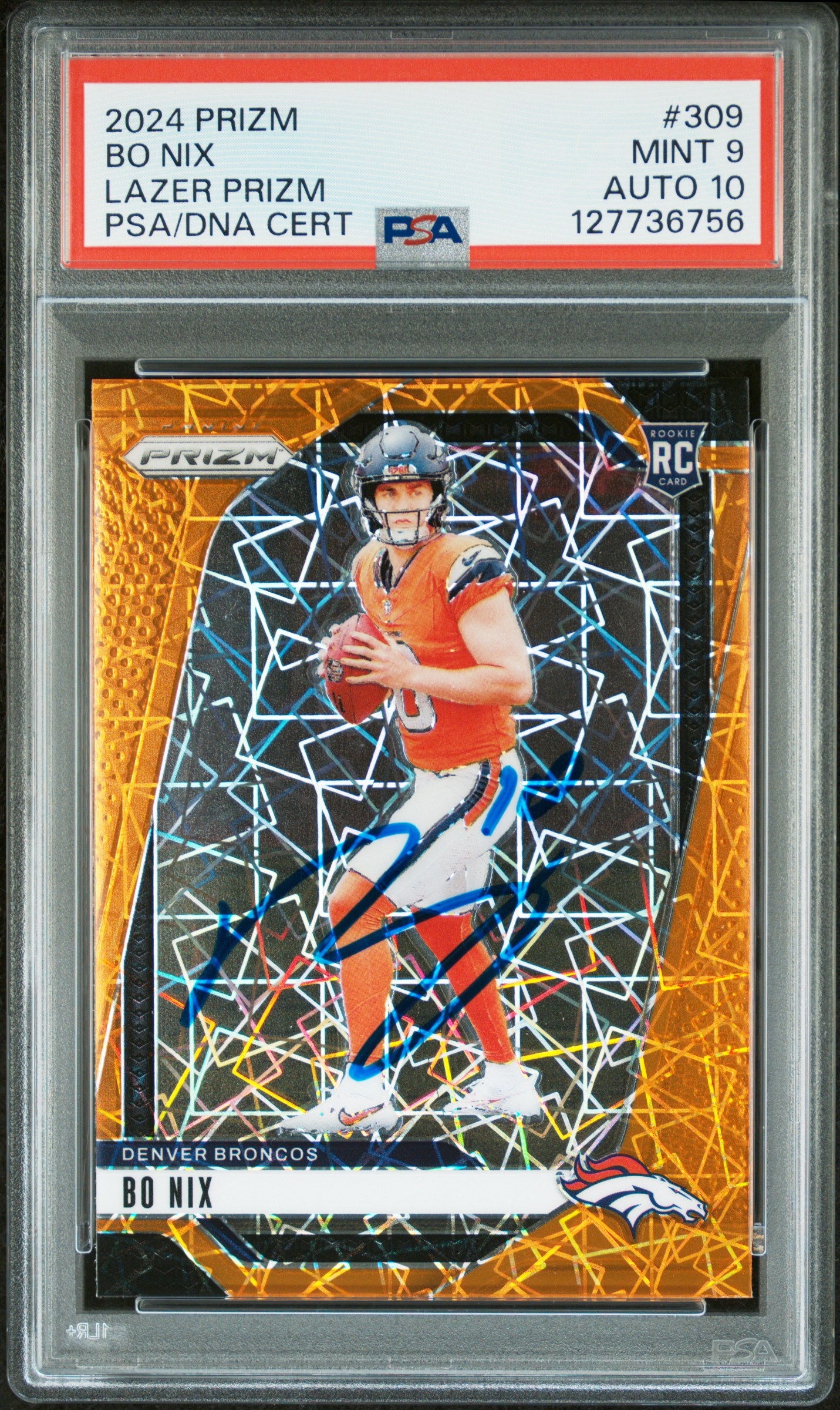 Bo Nix 2024 Panini Prizm Lazer Signed Rookie Football Card #309 Graded PSA 9 Auto 10 Cert #127736756