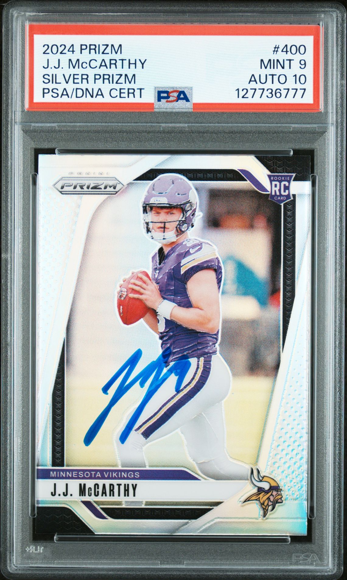 J.J. McCarthy 2024 Panini Prizm Silver Signed Football Rookie Card #400 Graded PSA 9 Auto 10 Cert #127736777