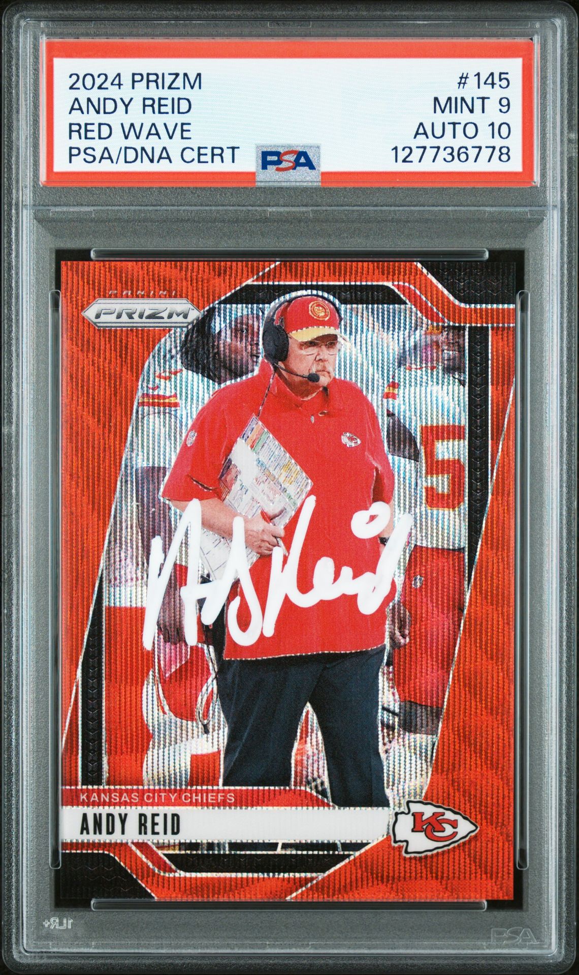 Andy Reid 2024 Panini Prizm Red Wave Signed Football Card #145 Graded PSA 9 Auto 10 57/149 Cert #127736778