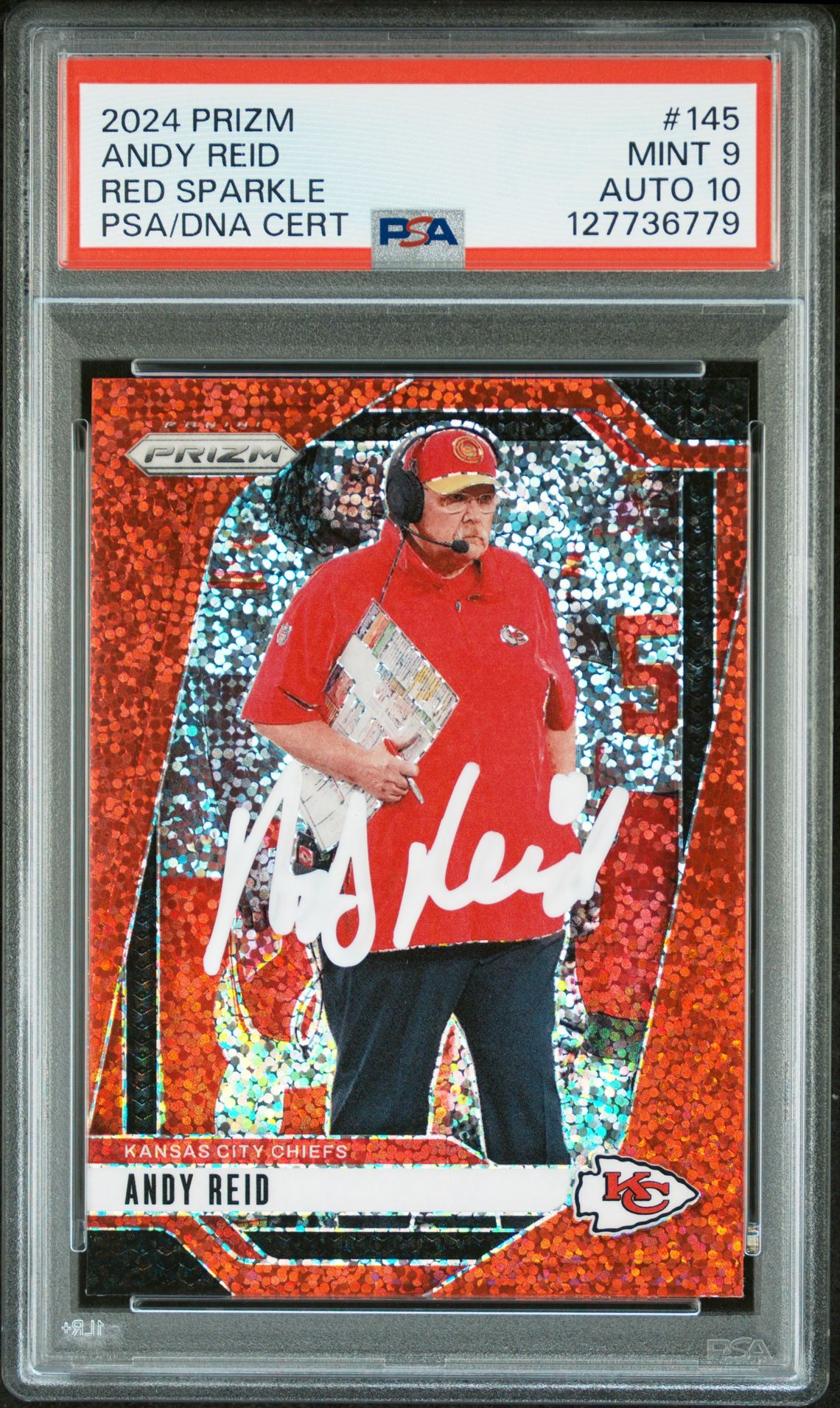 Andy Reid 2024 Panini Prizm Red Sparkle Signed Football Card #145 Graded PSA 9 Auto 10 Cert #127736779