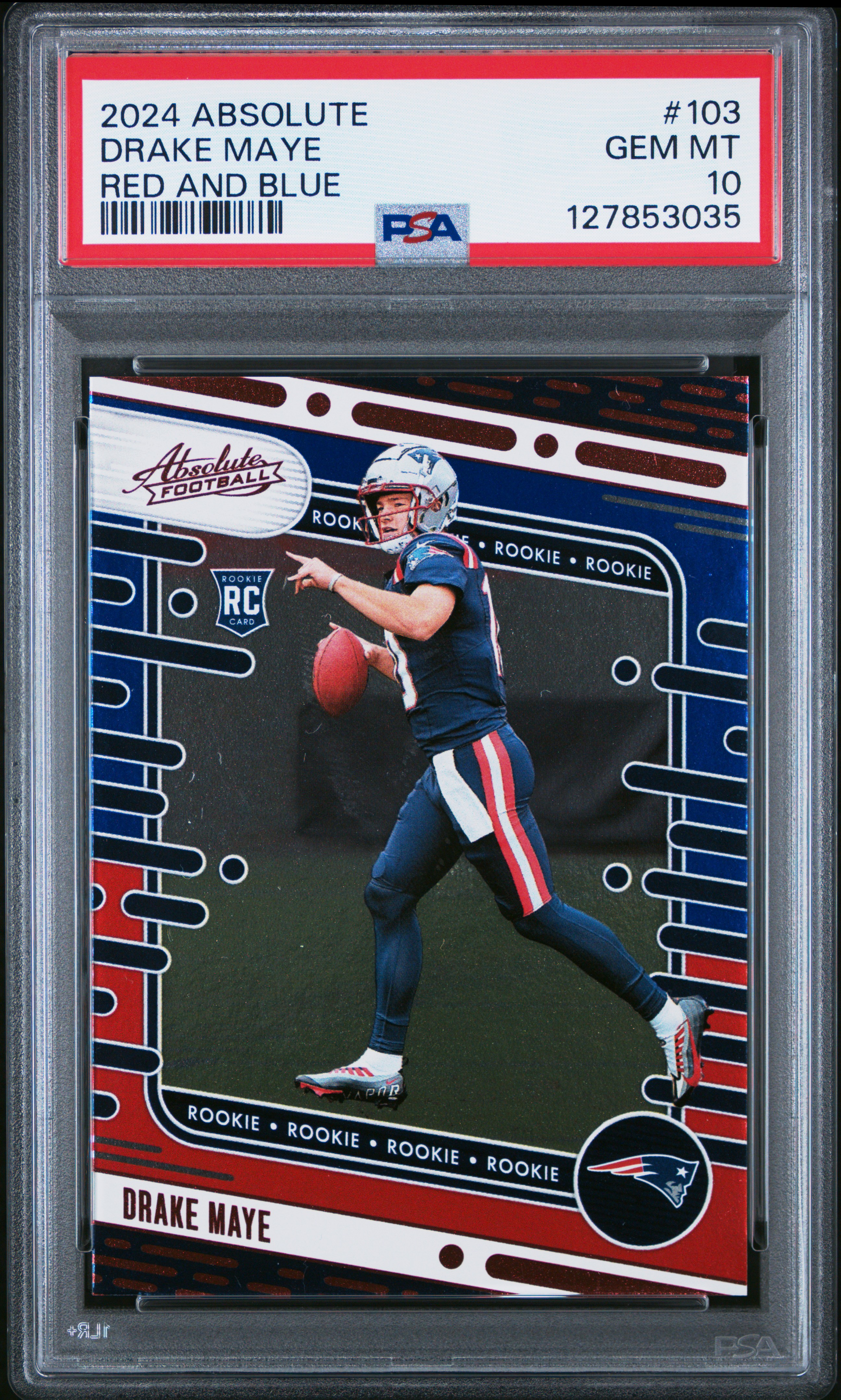 Drake Maye 2024 Absolute Red and Blue Rookie Football Card #103 Graded PSA 10 Cert #127853035