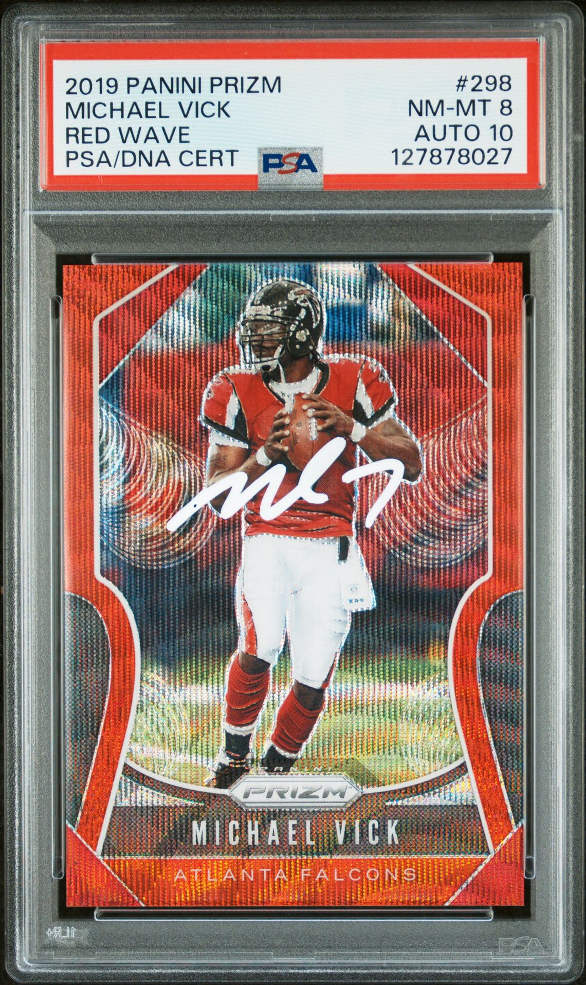 Michael Vick 2019 Panini Prizm Red Wave Signed Football Card #298 Graded PSA 8 Auto 10 69/149 Cert #127878027