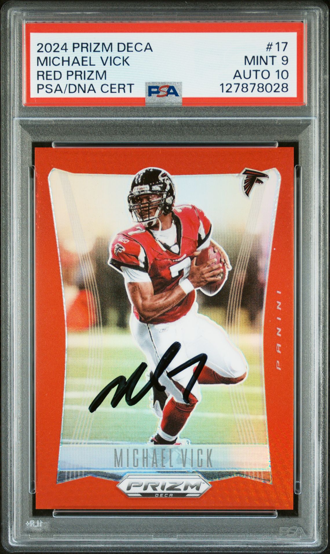 Michael Vick 2024 Prizm Deca Red Prizm Signed Football Card #17 Graded PSA 9 Auto 10 125/199 Cert #127878028