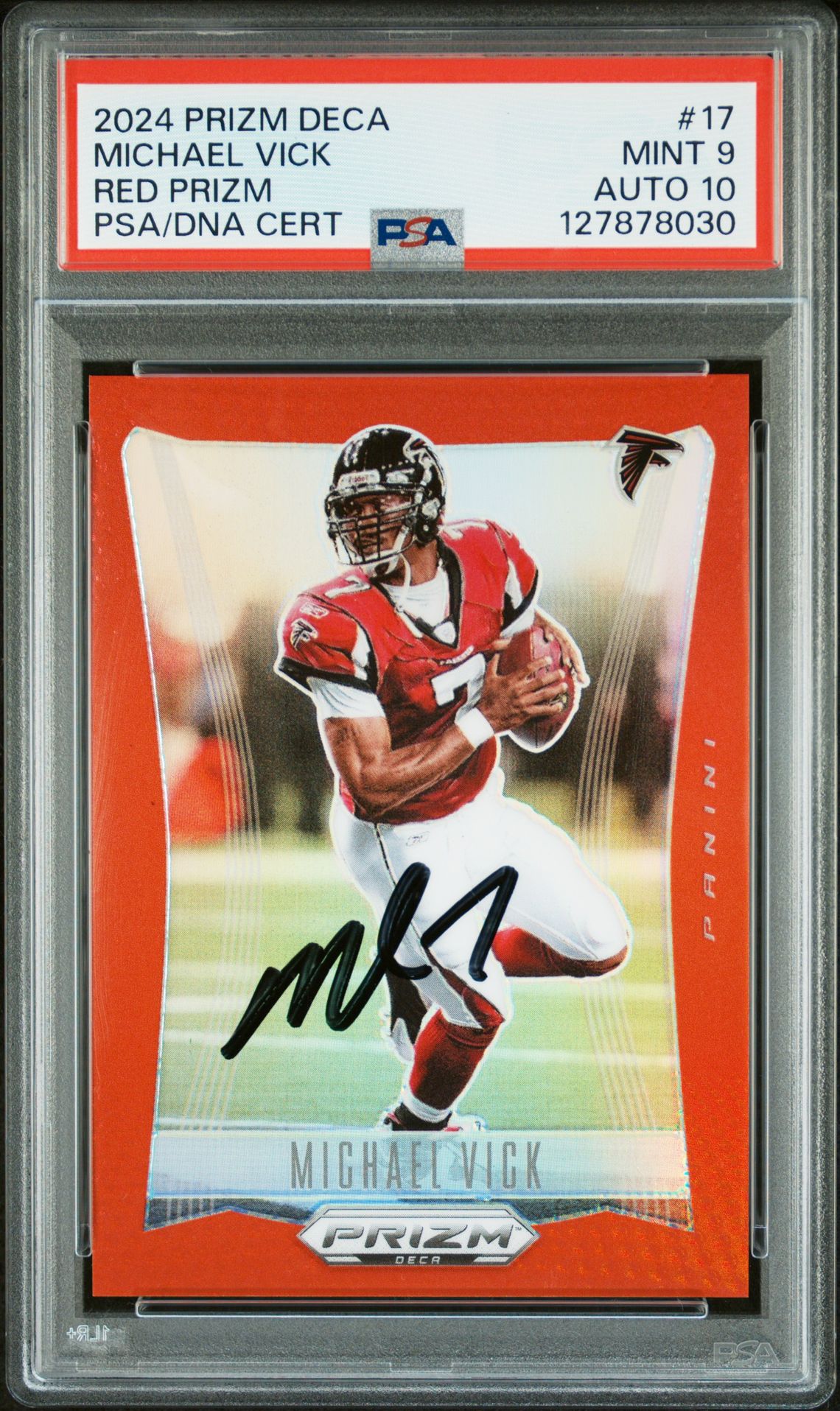 Michael Vick 2024 Prizm Deca Red Prizm Signed Football Card #17 Graded PSA 9 Auto 10 127/199 Cert #127878030