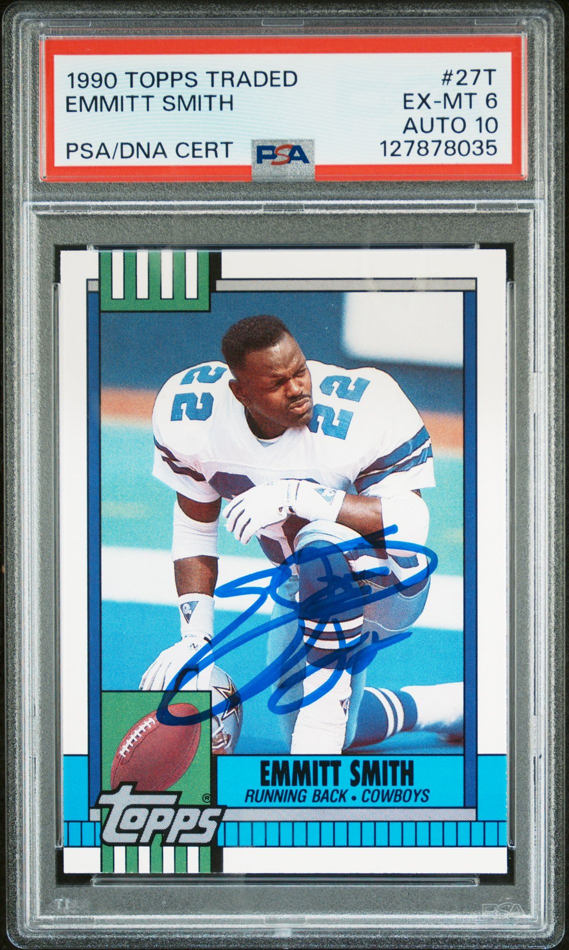 Emmitt Smith 1990 Topps Traded Signed Football Rookie Card #27T Graded PSA 6 Auto 10 Cert #127878035