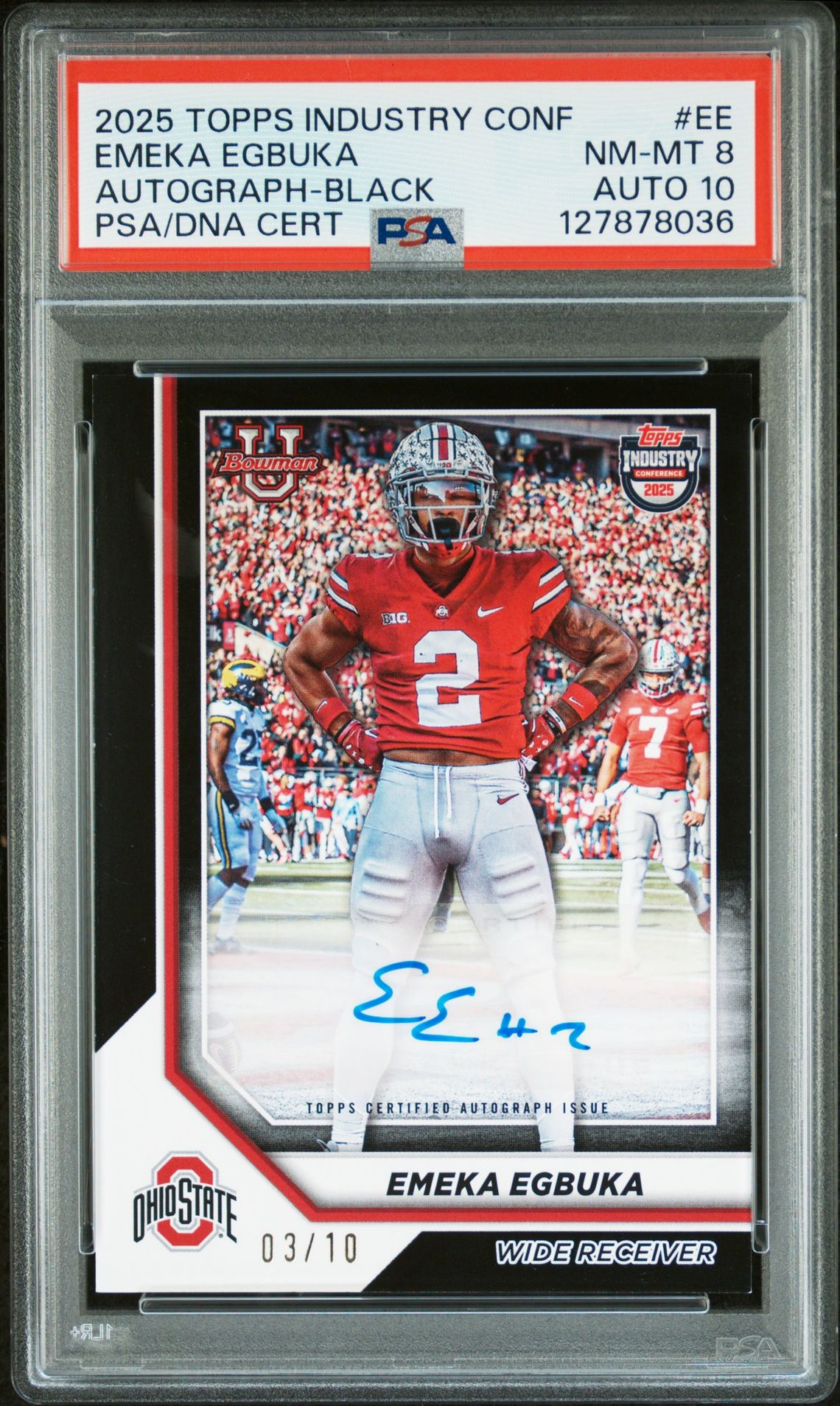 Emeka Egbuka 2025 Topps Industry Conference Black Signed Football Rookie Card #EE Graded PSA 8 Auto 10 3/10 Cert #127878036