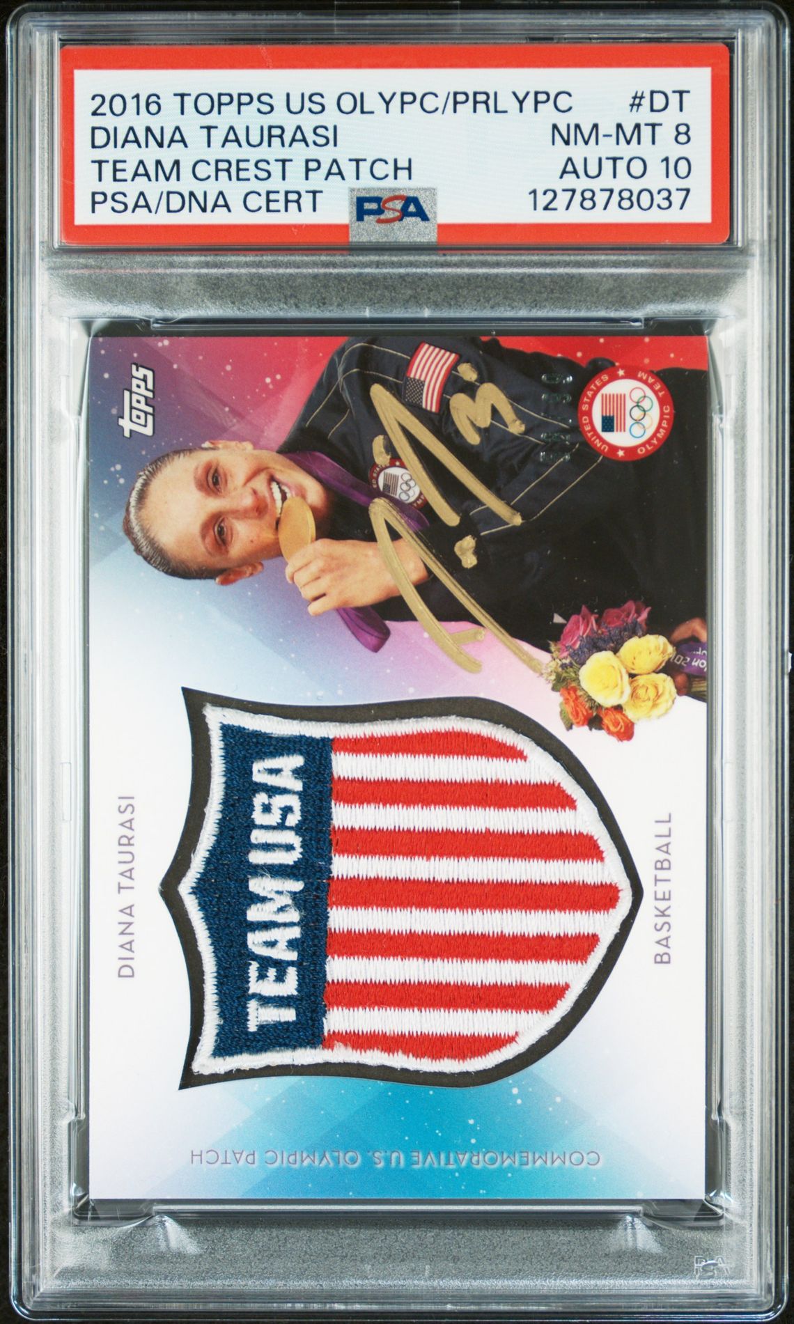 Diana Taurasi 2016 Topps US Olympic Team Crest Patch Signed Basketball Card #DT Graded PSA 8 Auto 10 58/99 Cert #127878037