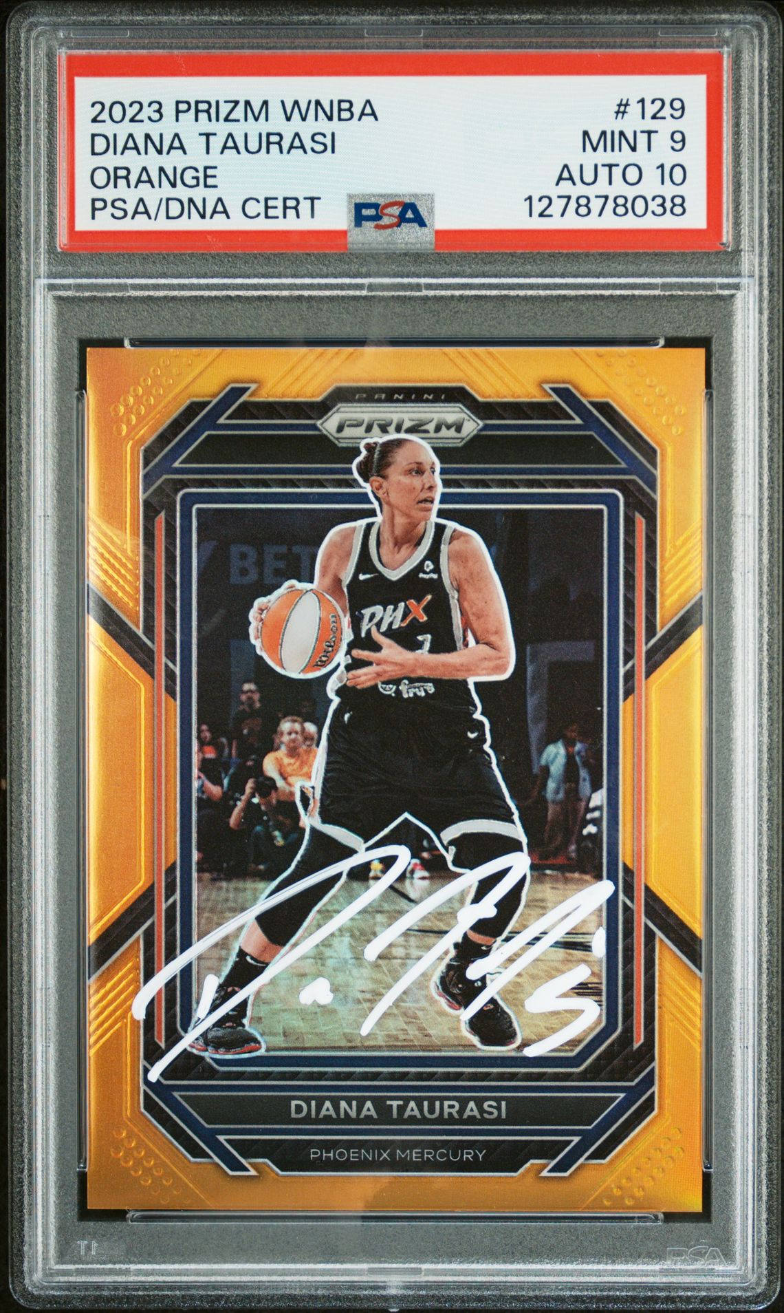 Diana Taurasi 2023 Panini Prizm WNBA Orange Signed Basketball Card #129 Graded PSA 9 Auto 10 93/99 Cert #127878038
