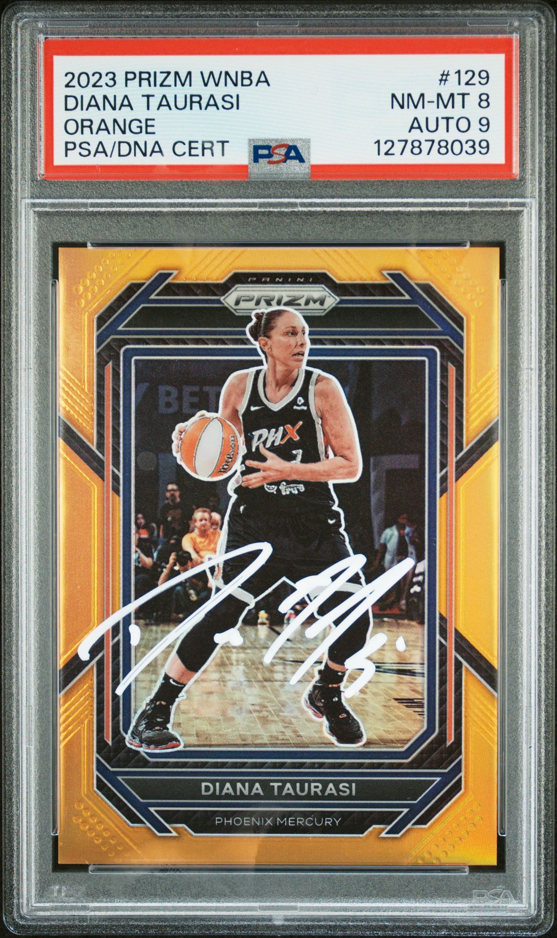 Diana Taurasi 2023 Panini Prizm WNBA Orange Signed Basketball Card #129 Graded PSA 8 Auto 9 47/99 Cert #127878039