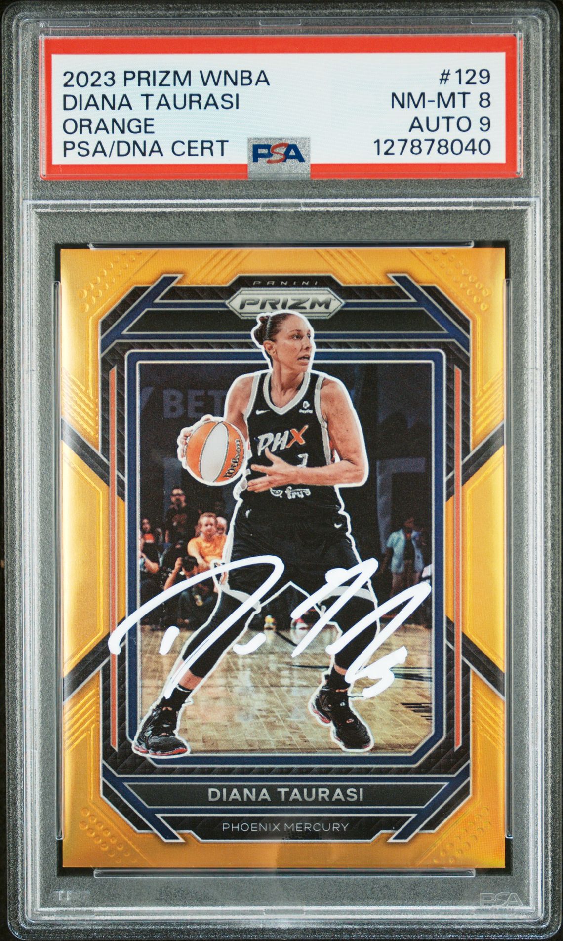 Diana Taurasi 2023 Panini Prizm WNBA Orange Signed Basketball Card #129 Graded PSA 8 Auto 9 71/99 Cert #127878040