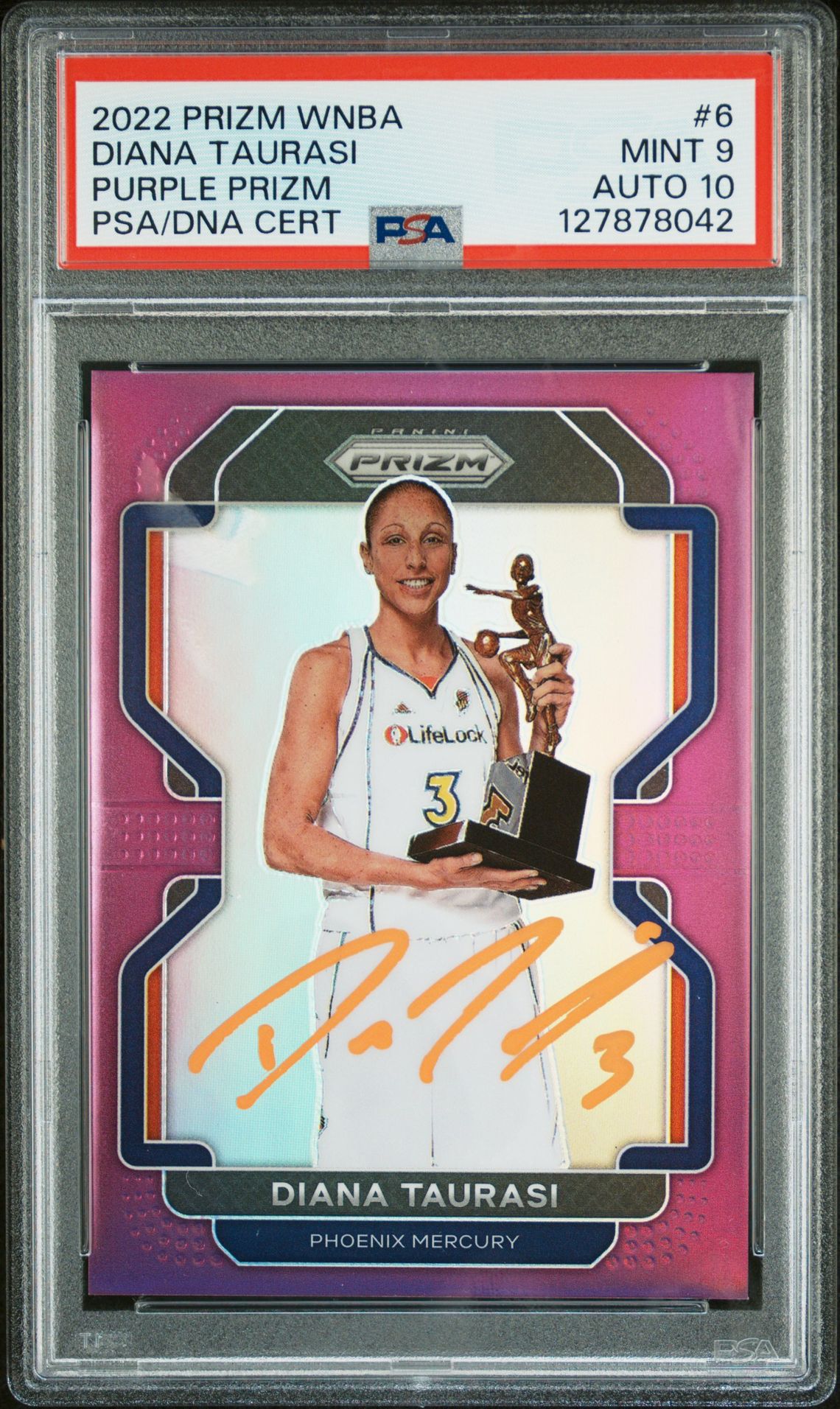Diana Taurasi 2022 Panini Prizm WNBA Purple Prizm Signed Basketball Card #6 Graded PSA 9 Auto 10 87/99 Cert #127878042