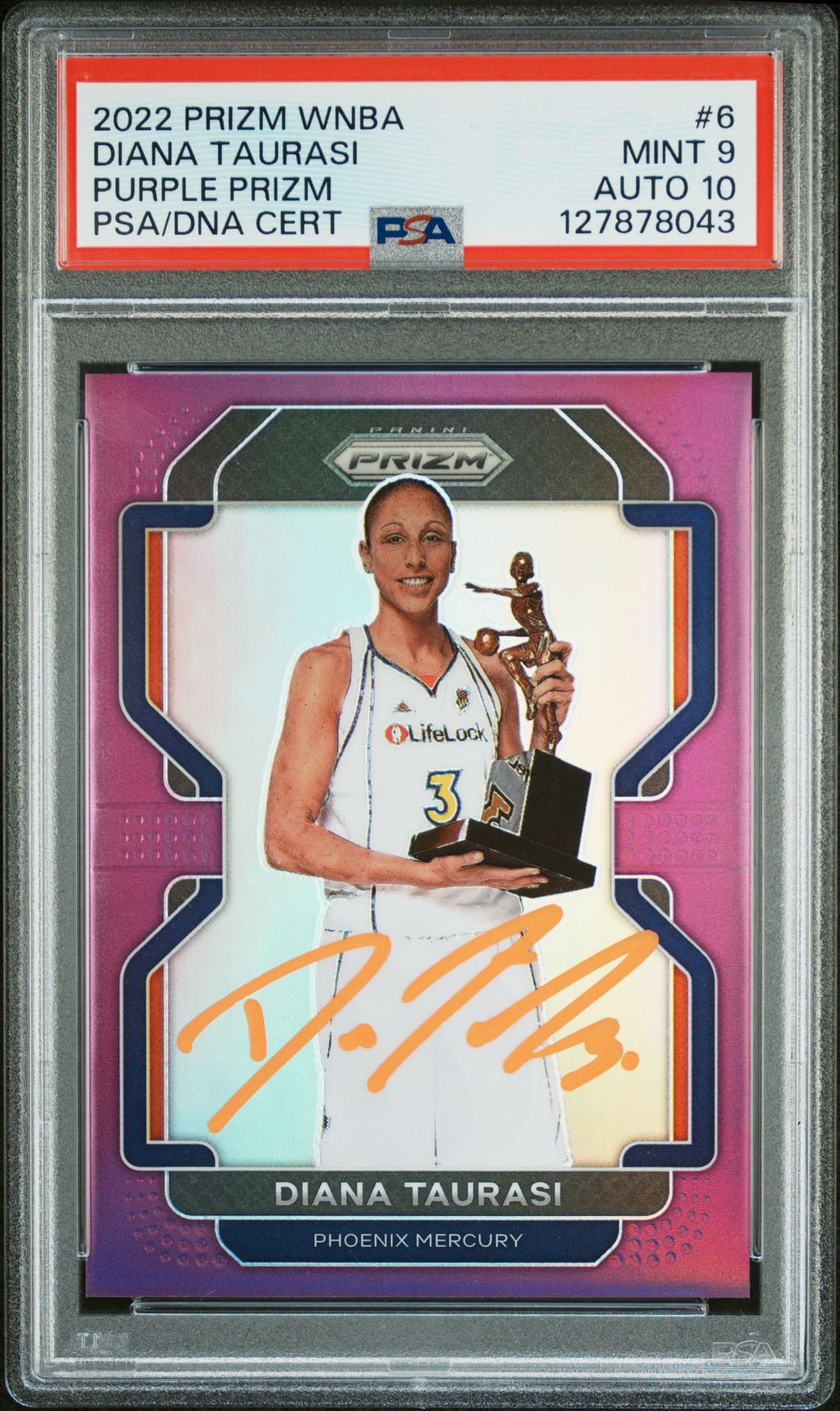 Diana Taurasi 2022 Panini Prizm WNBA Purple Prizm Signed Basketball Card #6 Graded PSA 9 Auto 10 12/99 Cert #127878043