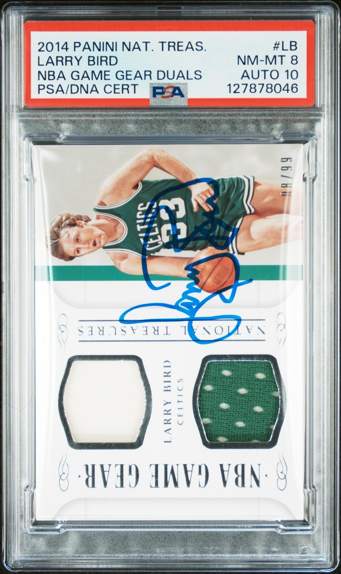Larry Bird 2014 Panini National Treasures NBA Game Gear Duals Game Worn Signed Basketball Card #LB Graded PSA 8 Auto 10 8/99 Cert #127878046
