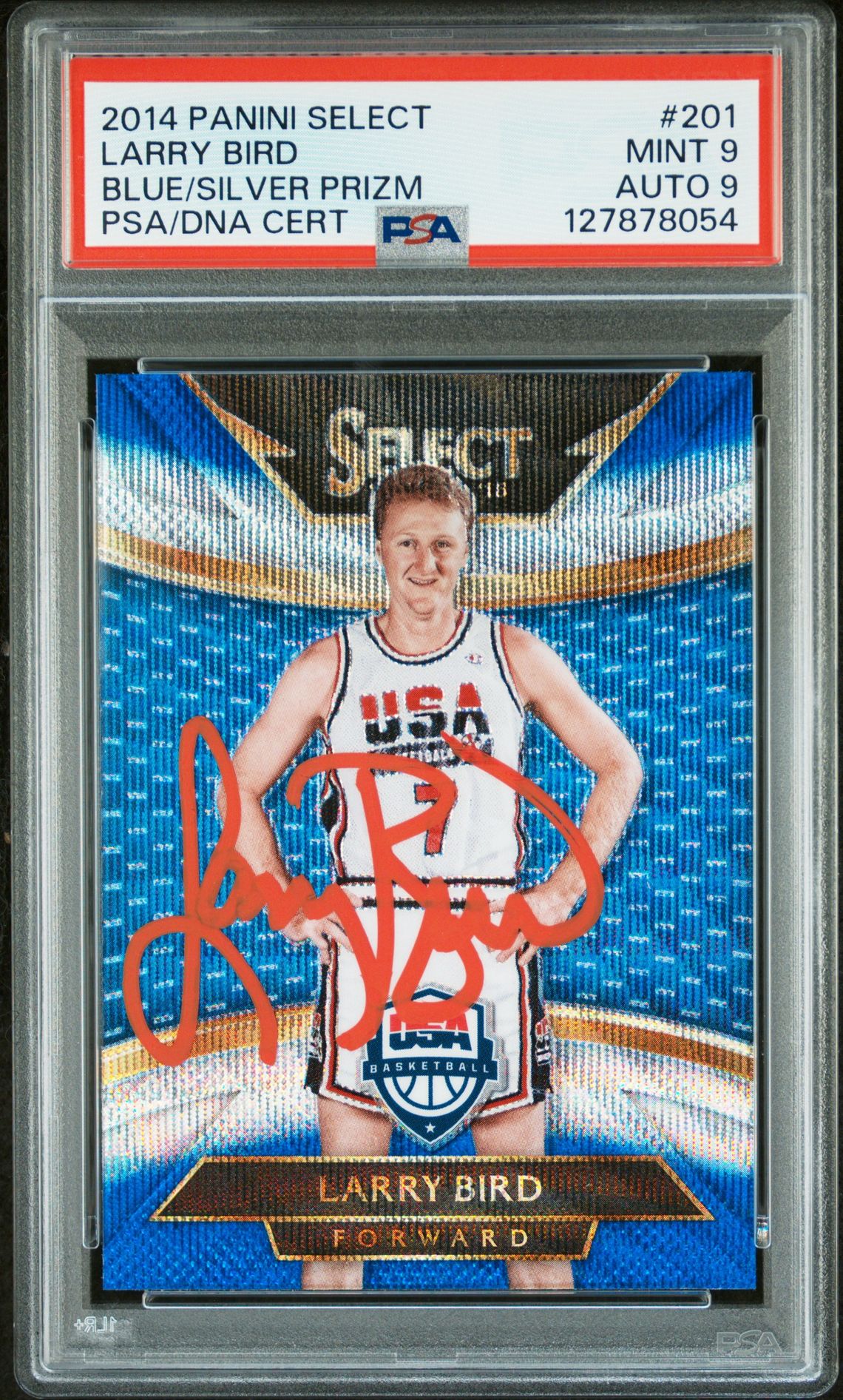Larry Bird 2014 Panini Select Blue Silver Prizm Signed Basketball Card #201 Graded PSA 9 Auto 9 Cert #127878054