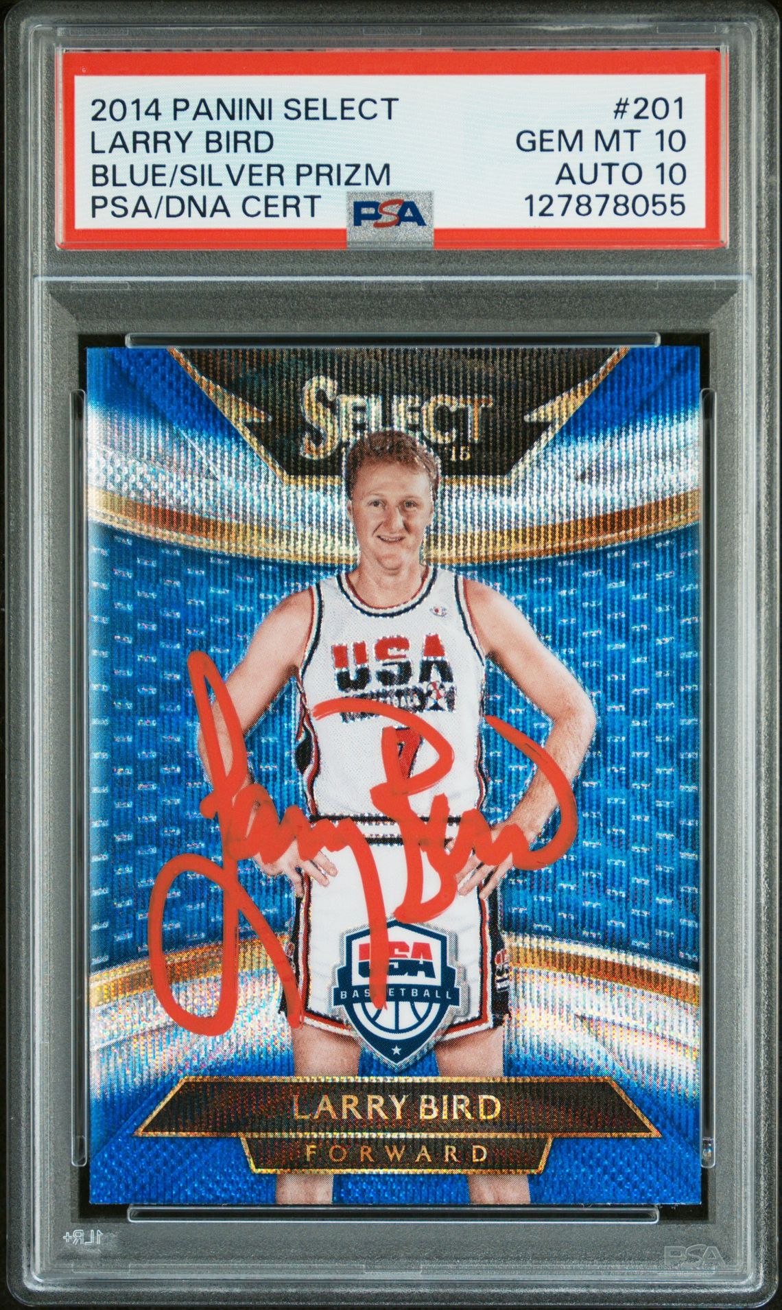 Larry Bird 2014 Panini Select Blue Silver Prizm Signed Basketball Card #201 Graded PSA 10 Auto 10 Cert #127878055