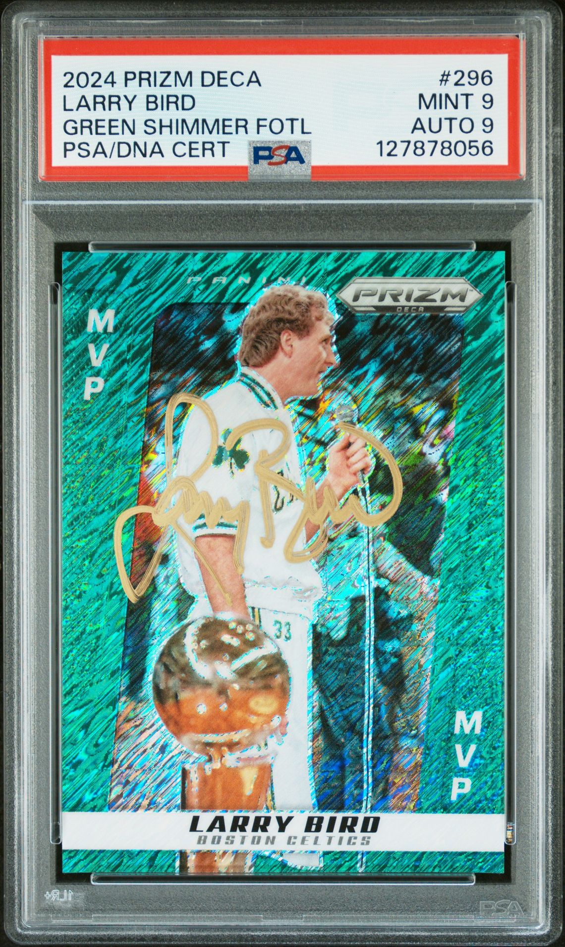 Larry Bird 2024 Prizm Deca Green Shimmer Foil Signed Basketball Card #296 Graded PSA 9 Auto 9 6/12 Cert #127878056