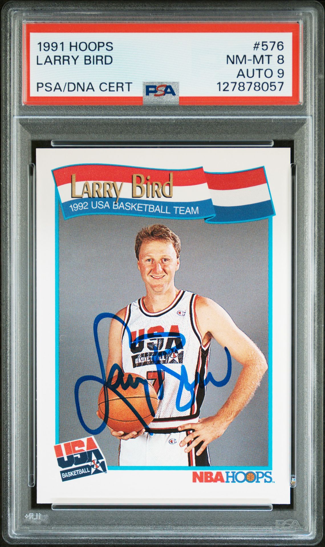 Larry Bird 1991 Hoops Signed Basketball Card #576 Graded PSA 8 Auto 9 Cert #127878057