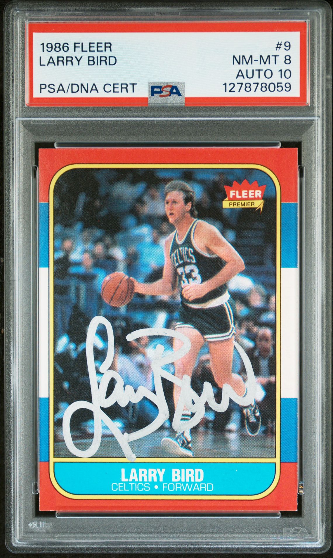 Larry Bird 1986 Fleer Signed Basketball Card #9 Graded PSA 8 Auto 10 Cert #127878059