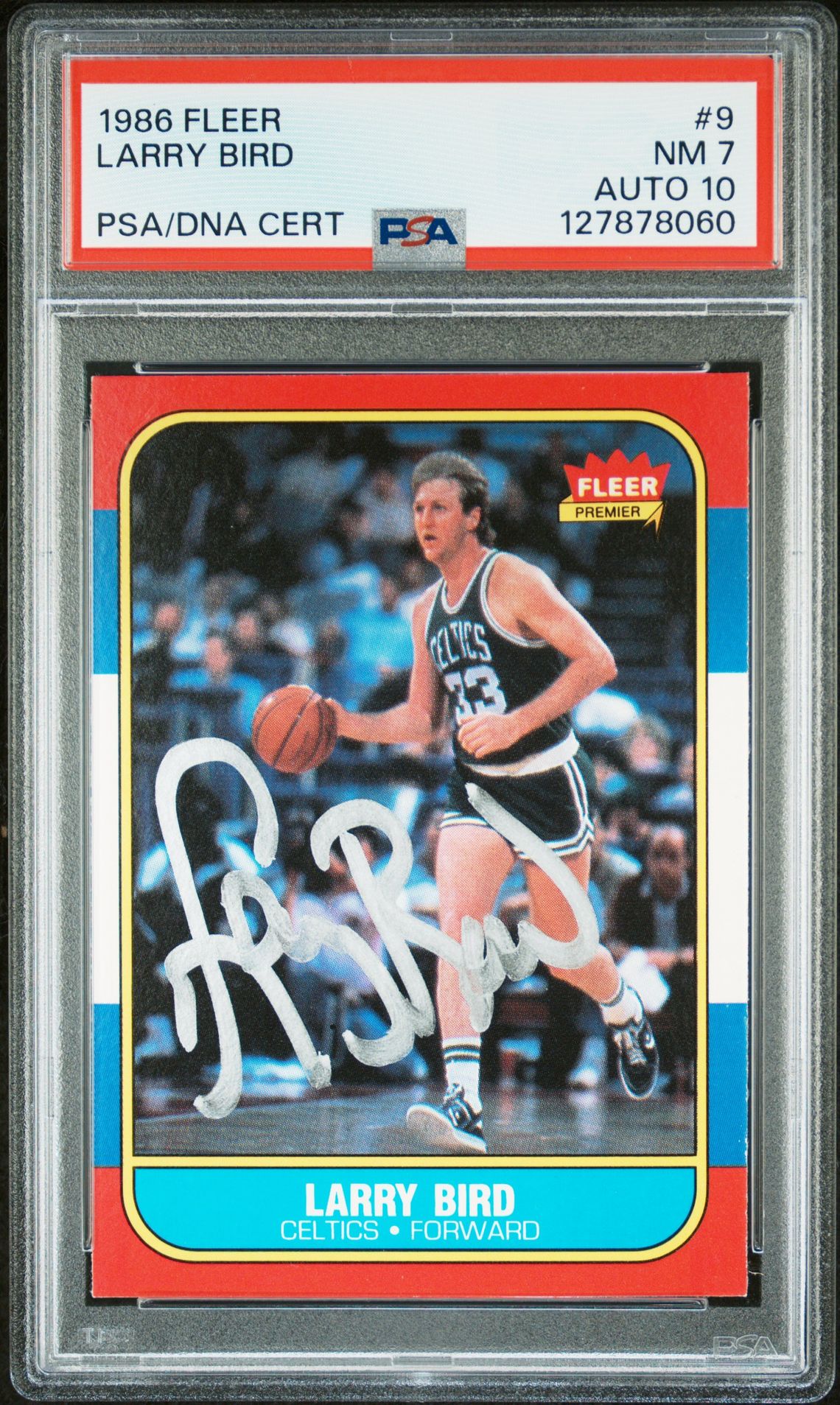 Larry Bird 1986 Fleer Signed Basketball Card #9 Graded PSA 7 Auto 10 Cert #127878060