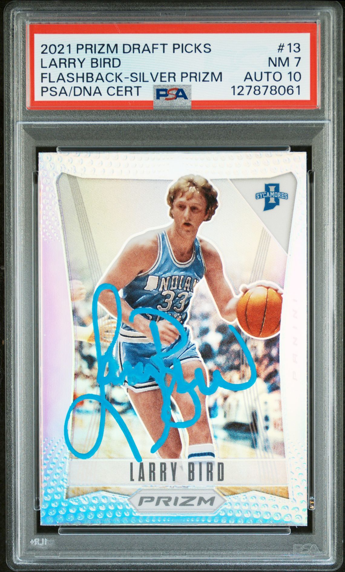 Larry Bird 2021 Prizm Draft Picks Flashback Silver Prizm Signed Basketball Card #13 Graded PSA 7 Auto 10 Cert #127878061
