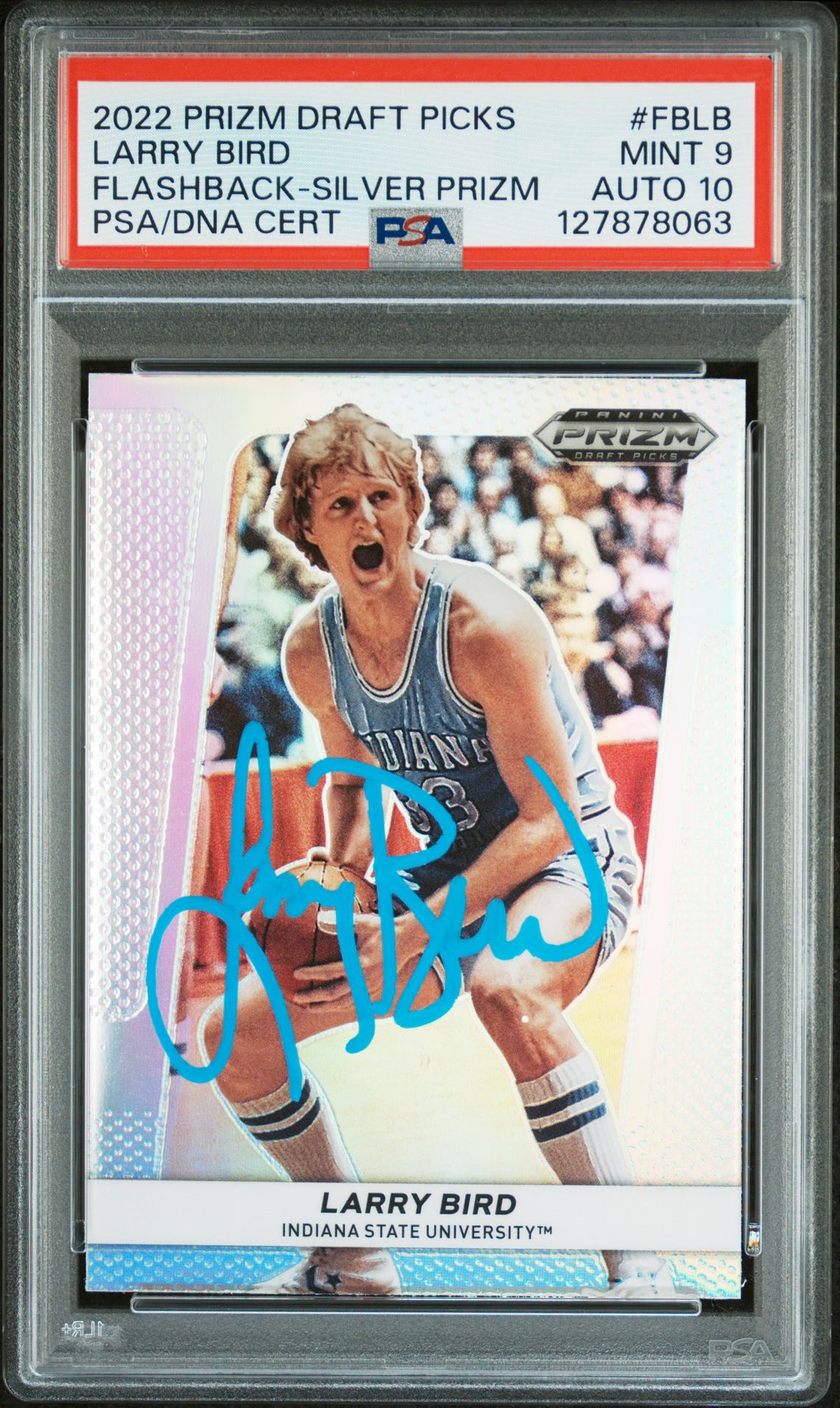 Larry Bird 2022 Prizm Draft Picks Flashback Silver Prizm Signed Basketball Card #FBLB Graded PSA 9 Auto 10 Cert #127878063