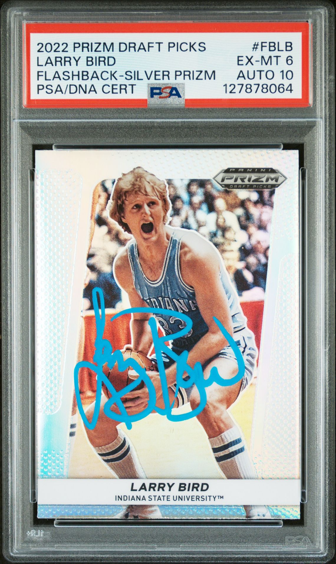 Larry Bird 2022 Prizm Draft Picks Flashback Silver Prizm Signed Basketball Card #FBLB Graded PSA 6 Auto 10 Cert #127878064