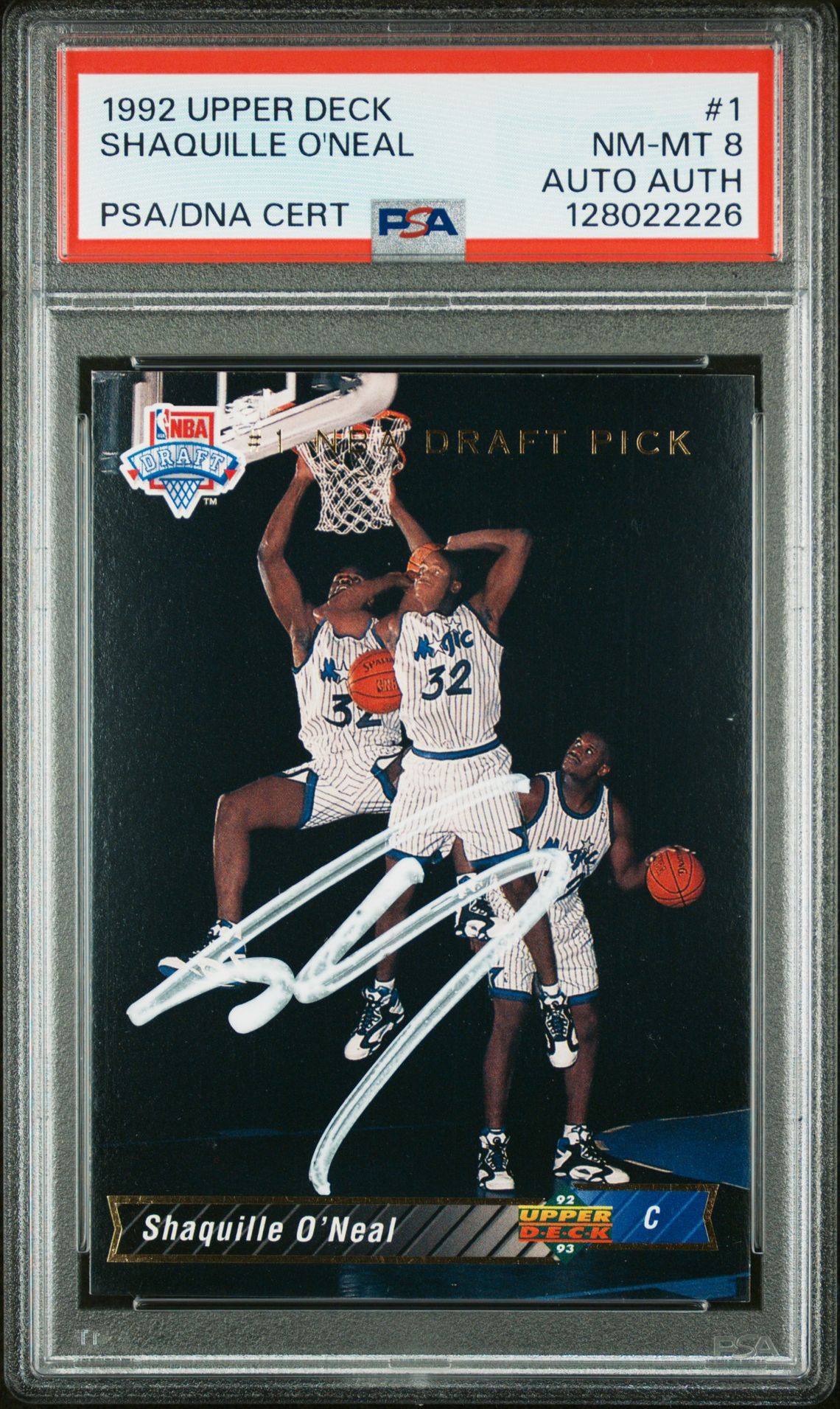 Shaquille O'Neal 1992 Upper Deck NBA Draft Pick Signed Basketball Rookie Card #1 Graded PSA 8 Auto Cert #128022226 Shaquille O'Neal 1992 Upper Deck NBA Draft Pick Signed Basketball Rookie Card #1 Graded PSA 8 Auto Cert #128022226
