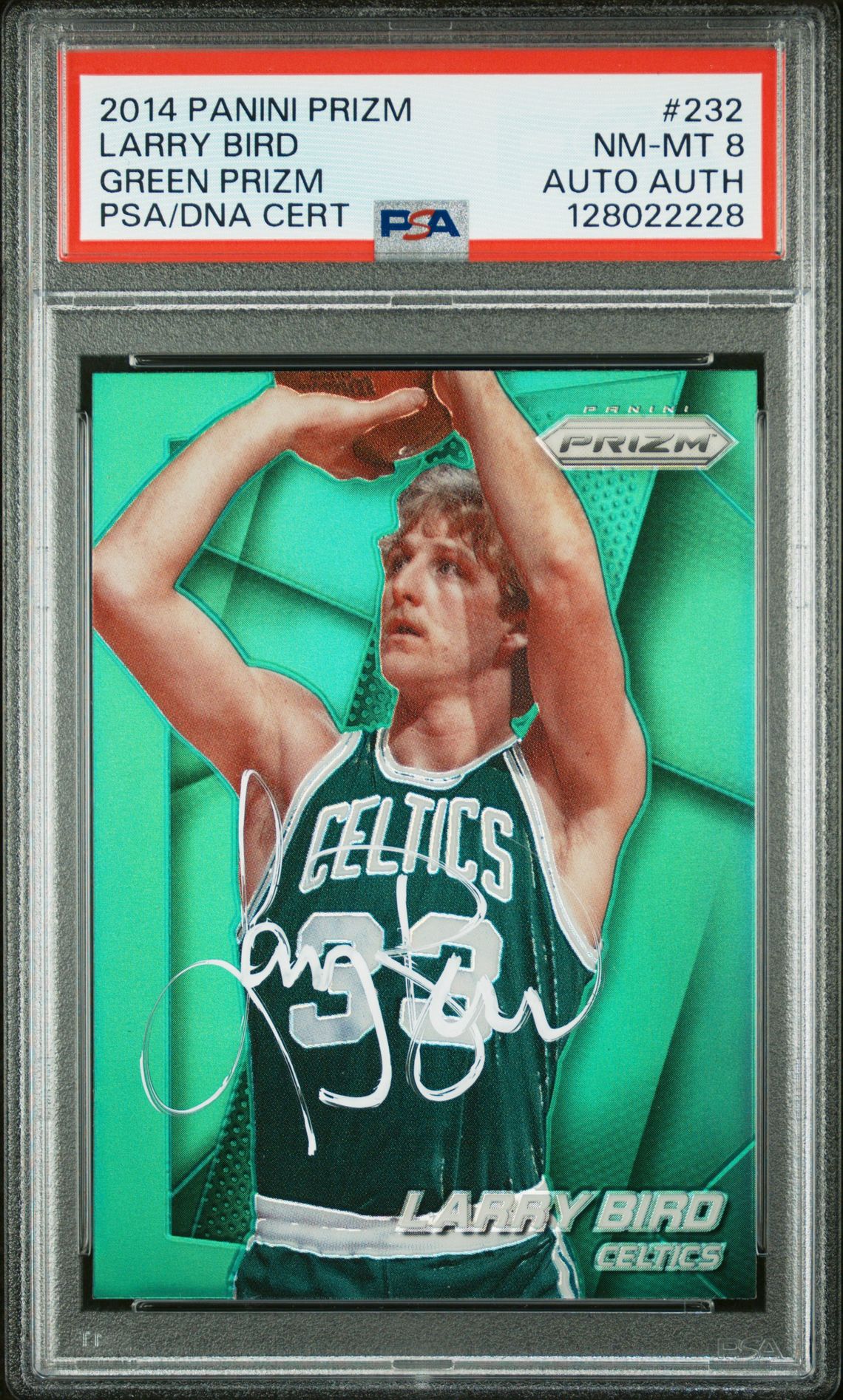 Larry Bird 2014 Panini Prizm Green Prizm Signed Basketball Card #232 Graded PSA 8 Auto Cert #128022228