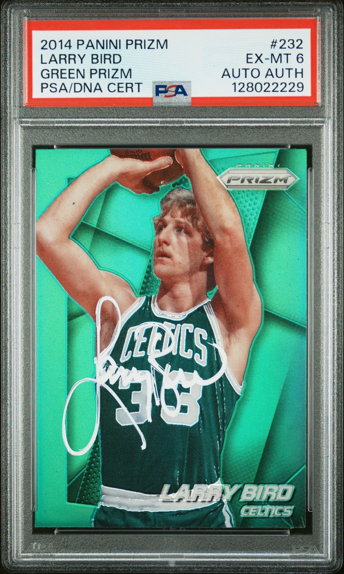 Larry Bird 2014 Panini Prizm Green Prizm Signed Basketball Card #232 Graded PSA 6 Auto Cert #128022229