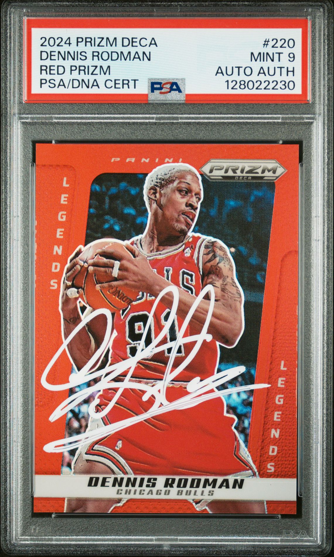 Dennis Rodman 2024 Prizm Deca Red Prizm Signed Basketball Card #220 Graded PSA 9 Auto 162/199 Cert #128022230