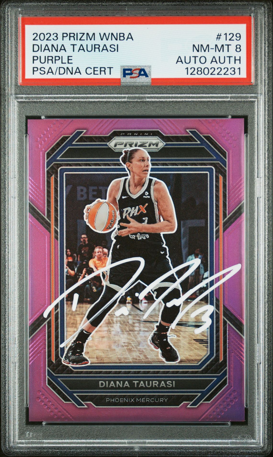 Diana Taurasi 2023 Prizm WNBA Purple Prizm Signed Basketball Card #129 Graded PSA 8 80/149 Auto Cert #128022231