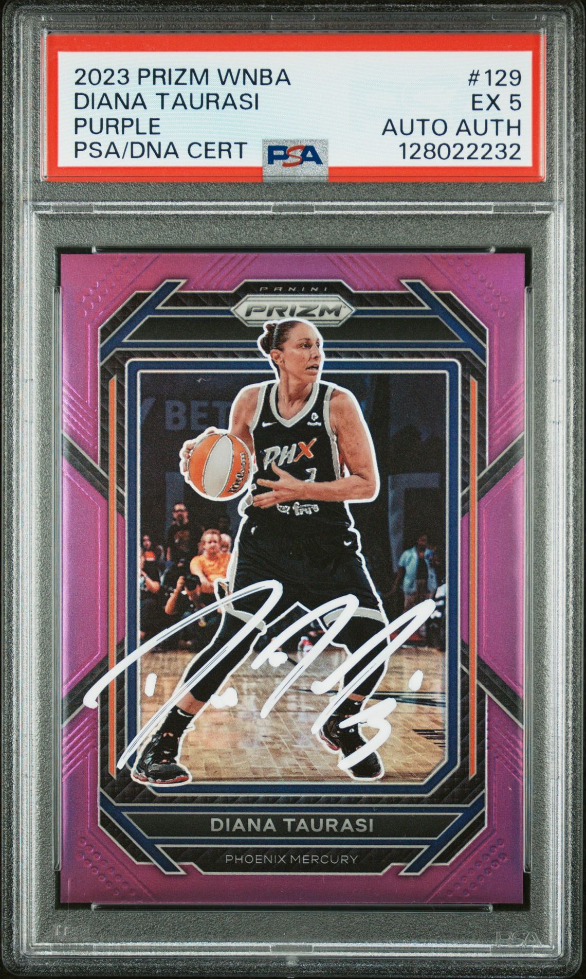 Diana Taurasi 2023 Prizm WNBA Purple Prizm Signed Basketball Card #129 Graded PSA 5 60/149 Auto Cert #128022232