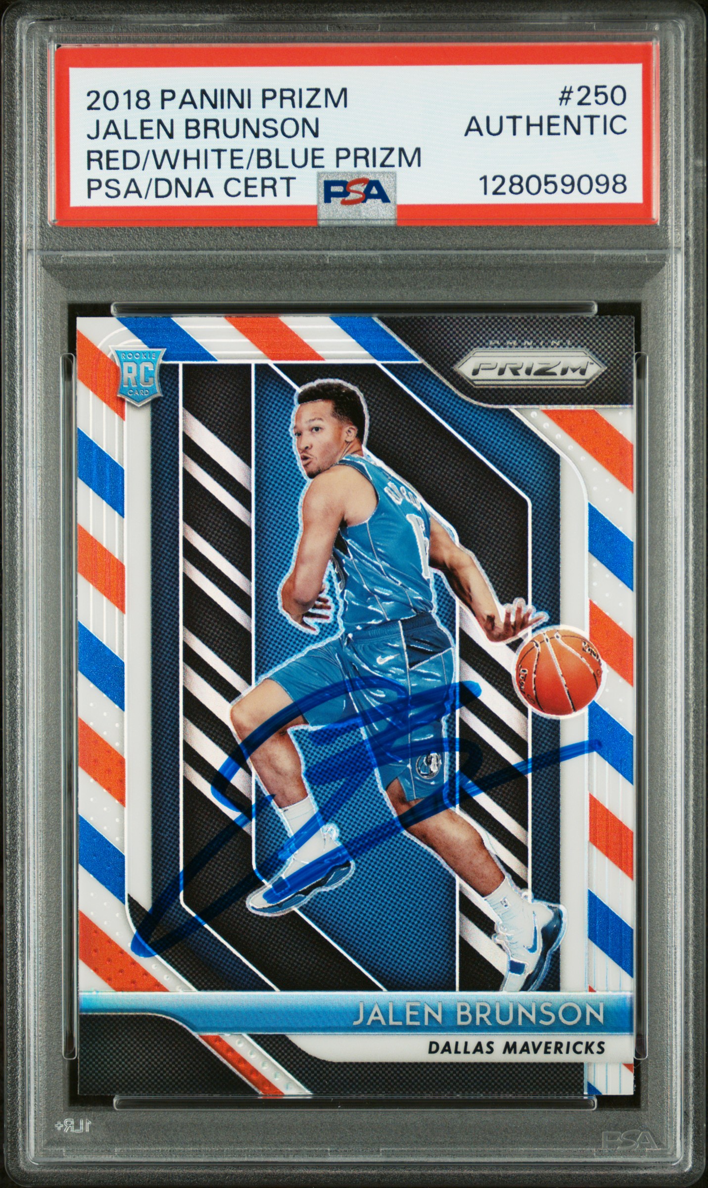 Jalen Brunson 2018 Panini Prizm Red White Blue Basketball RC Rookie Card #250 Auto PSA Authentic Cert #128059098
