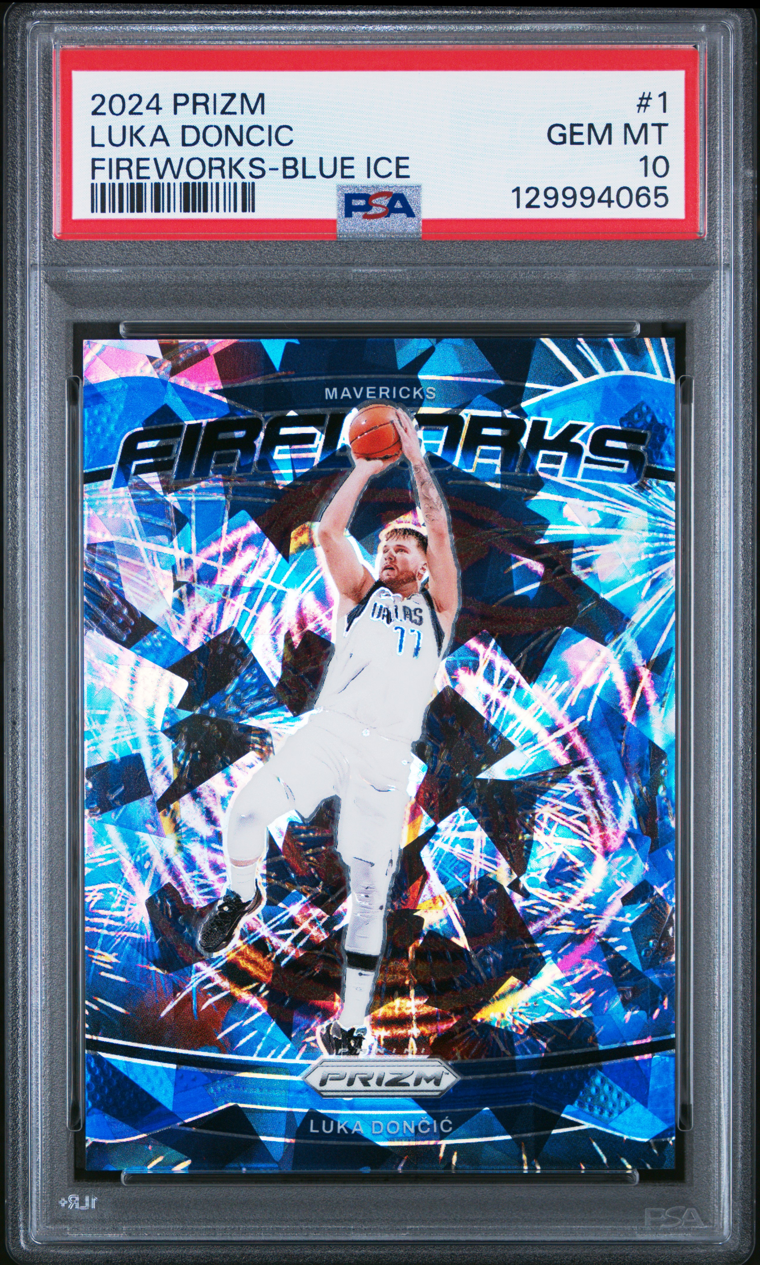 Luka Doncic 2024 Panini Prizm Fireworks Blue Ice Basketball Card #1 Graded PSA 10 Cert #129994065 /125